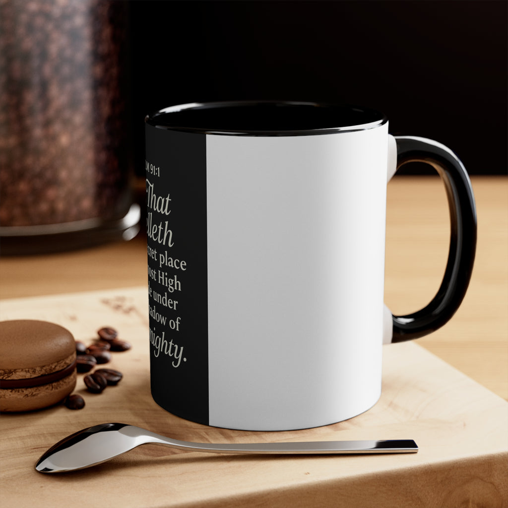 Psalm 91:1 Accent Mug — He That Dwelleth Inspirational Pink-Trim Coffee Cup