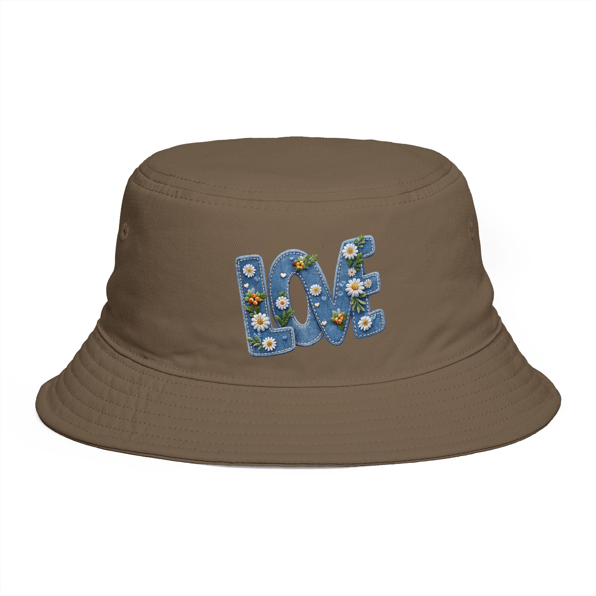 LOVE Daisy Bucket Hat — Floral Embroidered Brown Sun Hat
