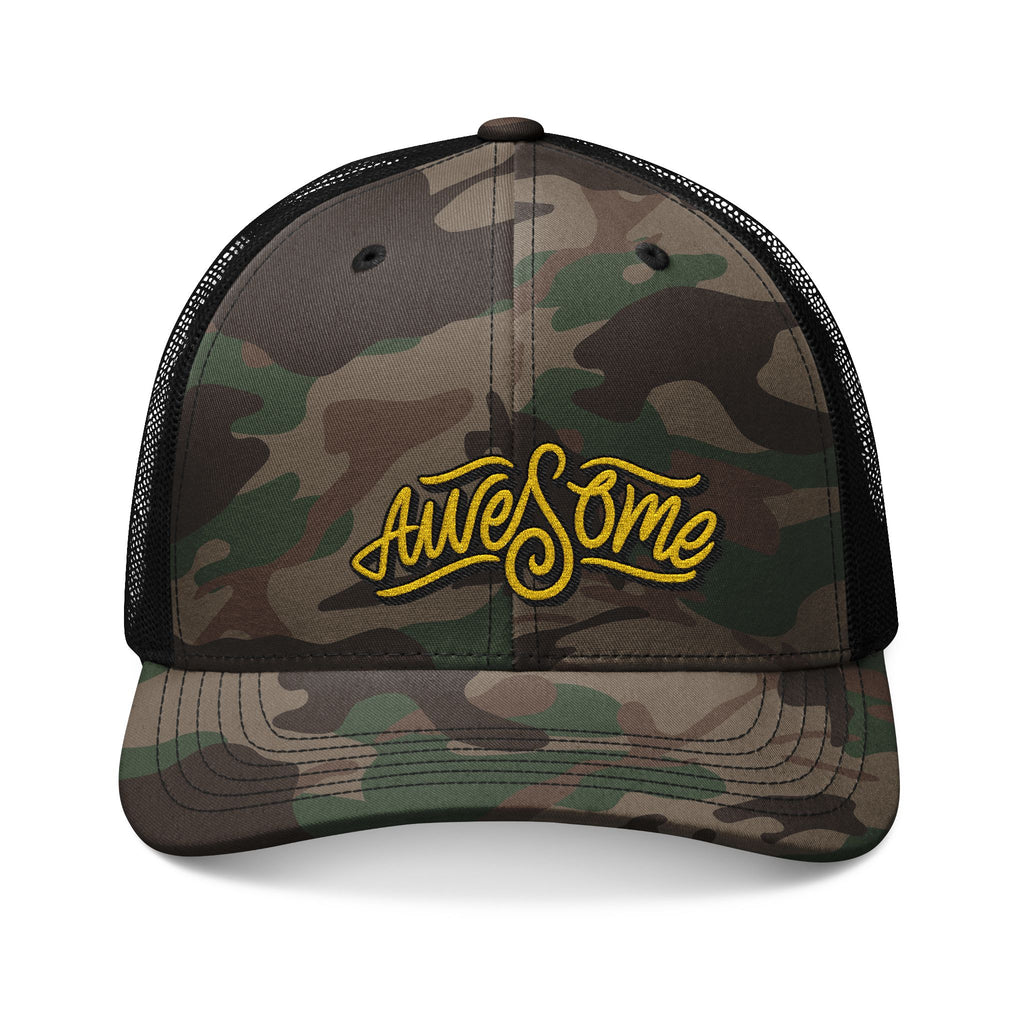 Camo Trucker Hat – Embroidered “Awesome” Patch | Adjustable Mesh Back Cap