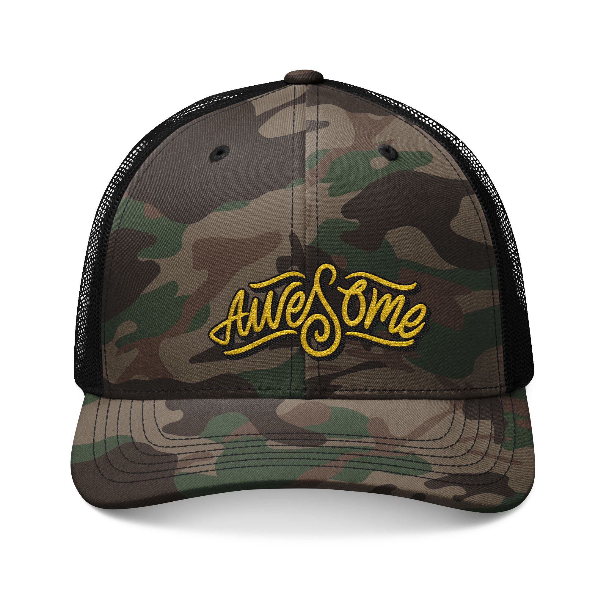 Camo Trucker Hat – Embroidered “Awesome” Patch | Adjustable Mesh Back Cap