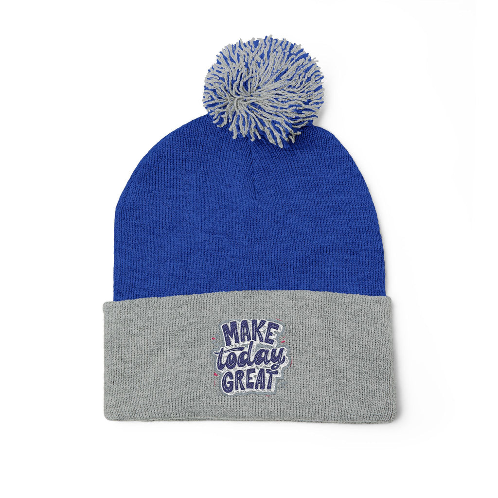 Embroidered Pom-Pom Knit Beanie – “Make Today Great” Cozy Winter Hat