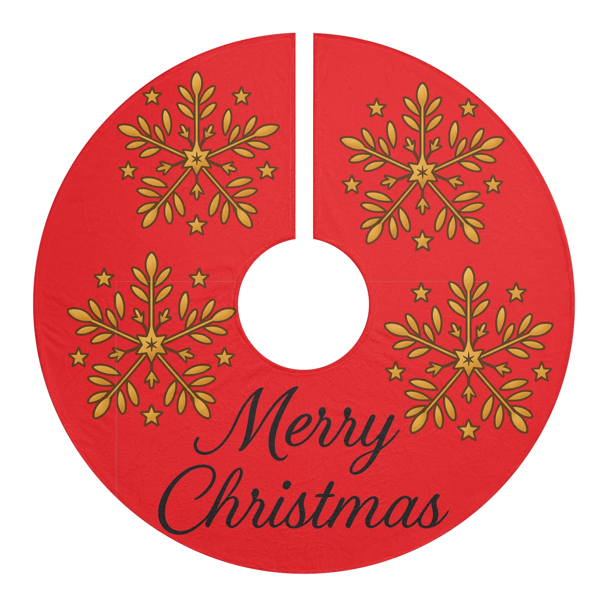 Merry Christmas Tree Skirt with Gold Snowflake Design