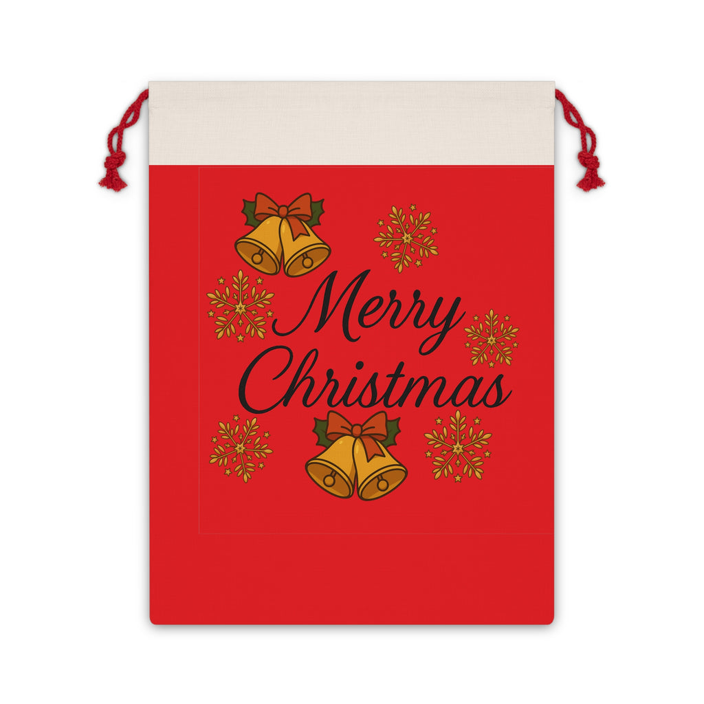 Merry Christmas Drawstring Gift Bag – Festive Red Bells & Snowflakes Holiday Pouch