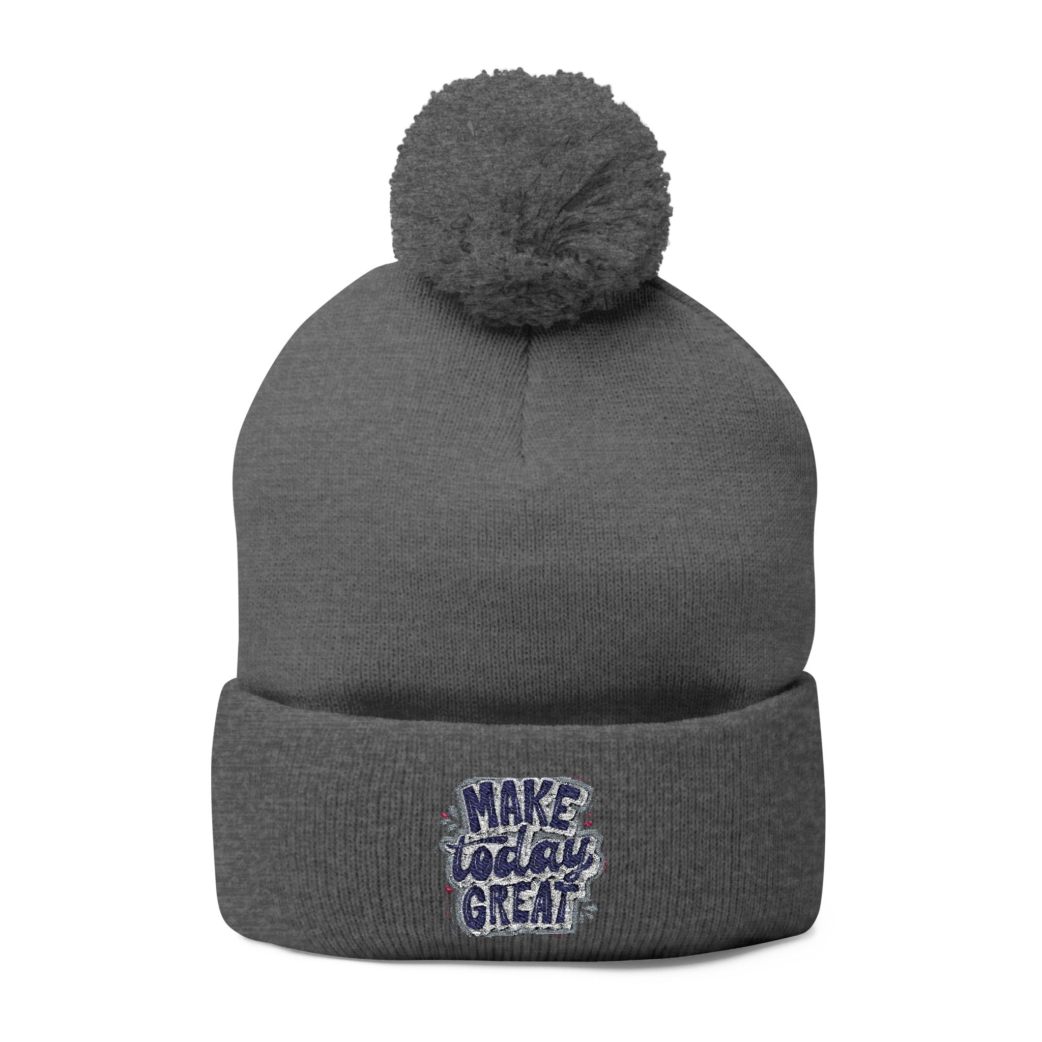 Embroidered Pom-Pom Knit Beanie – “Make Today Great” Cozy Winter Hat