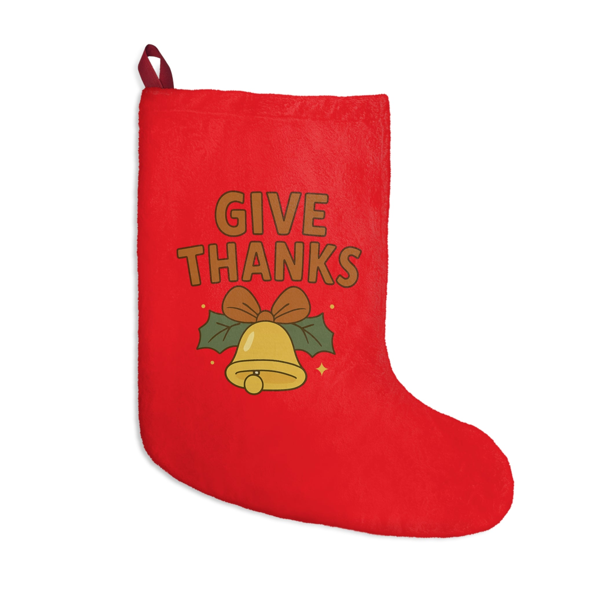 Give Thanks Bell Christmas Stocking - Red Holiday Hanging Stocking