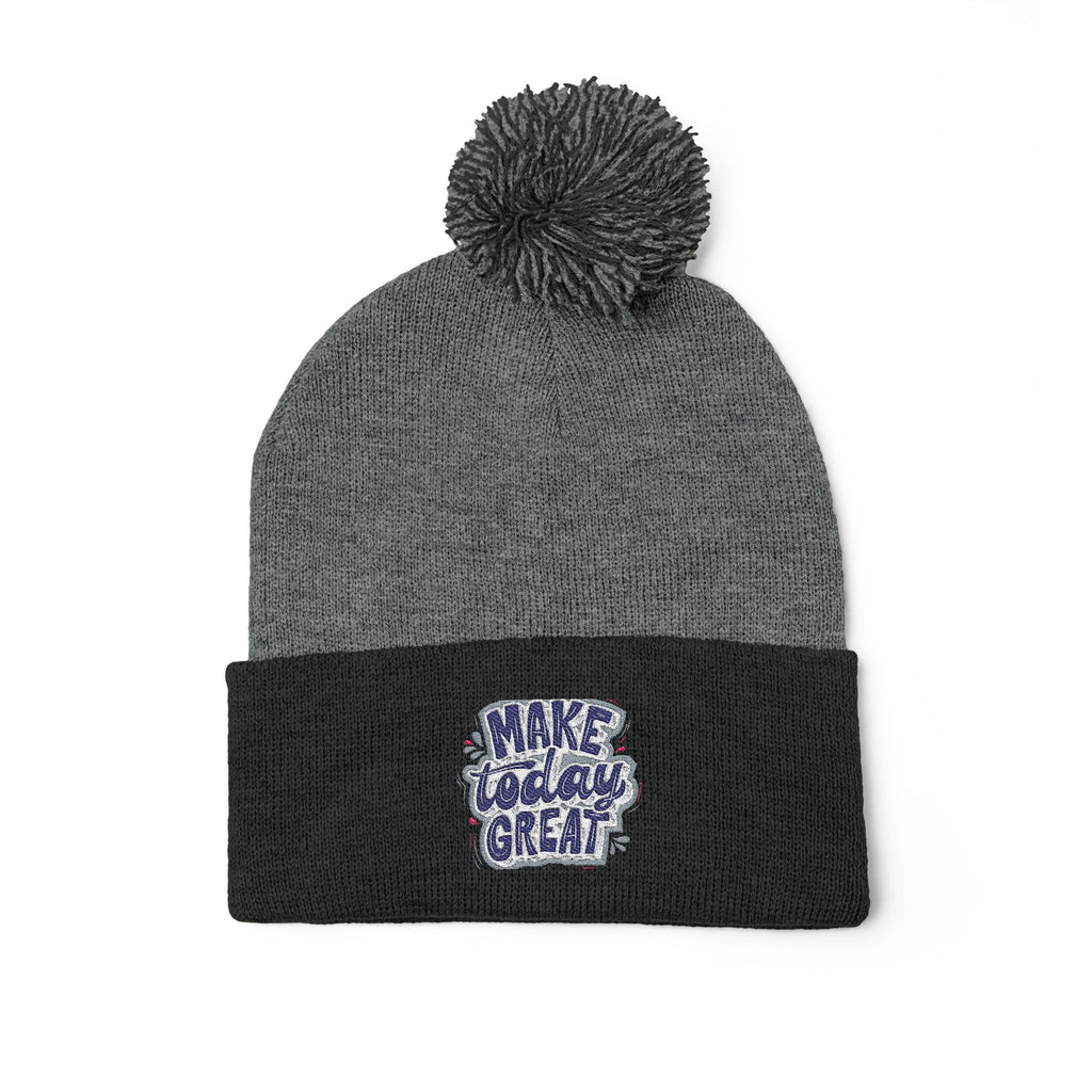 Embroidered Pom-Pom Knit Beanie – “Make Today Great” Cozy Winter Hat