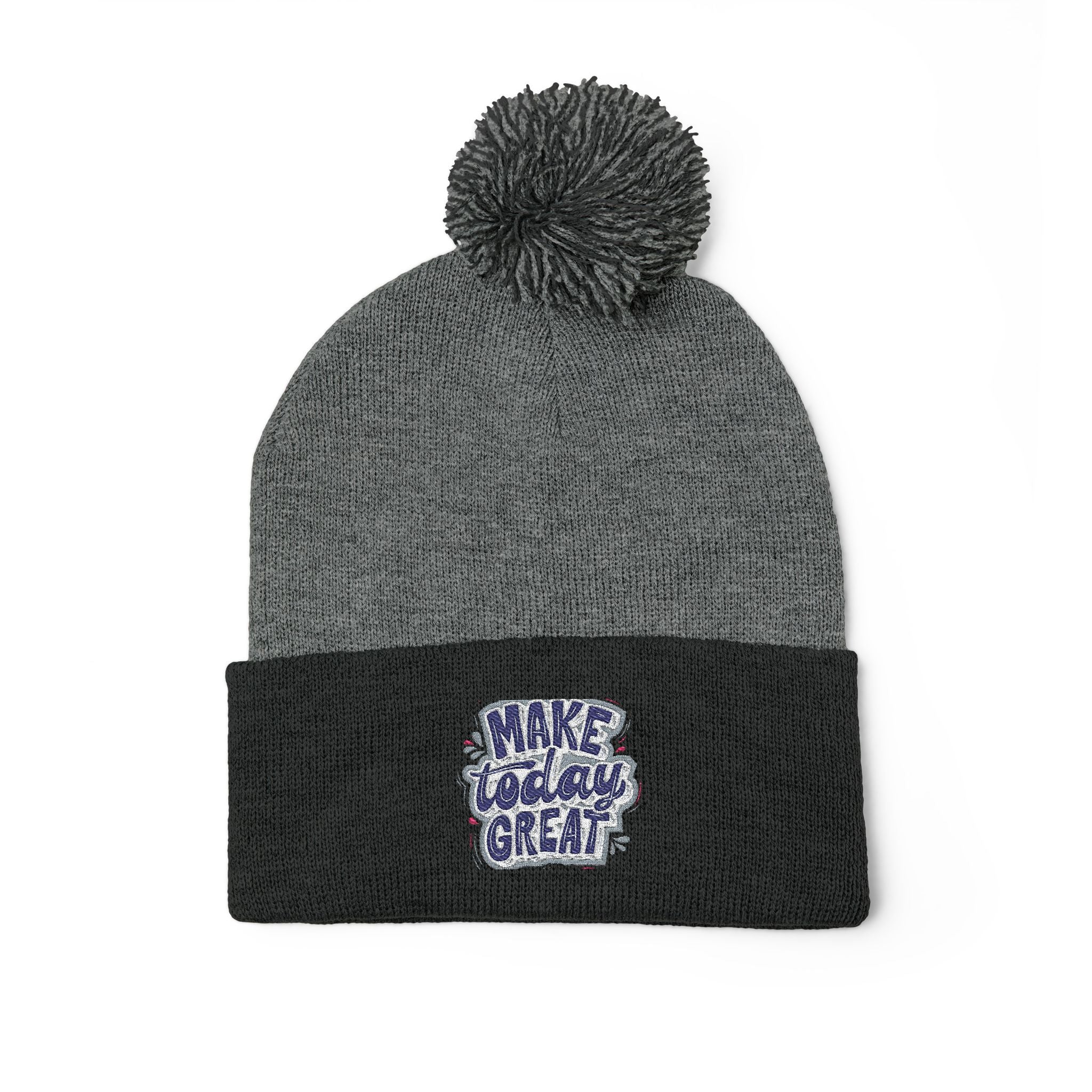 Embroidered Pom-Pom Knit Beanie – “Make Today Great” Cozy Winter Hat