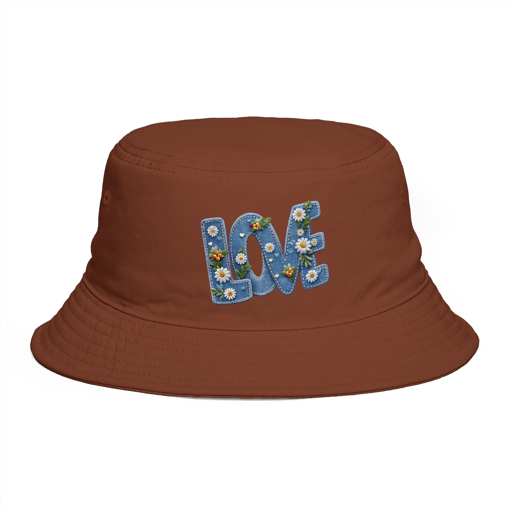 LOVE Daisy Bucket Hat — Floral Embroidered Brown Sun Hat