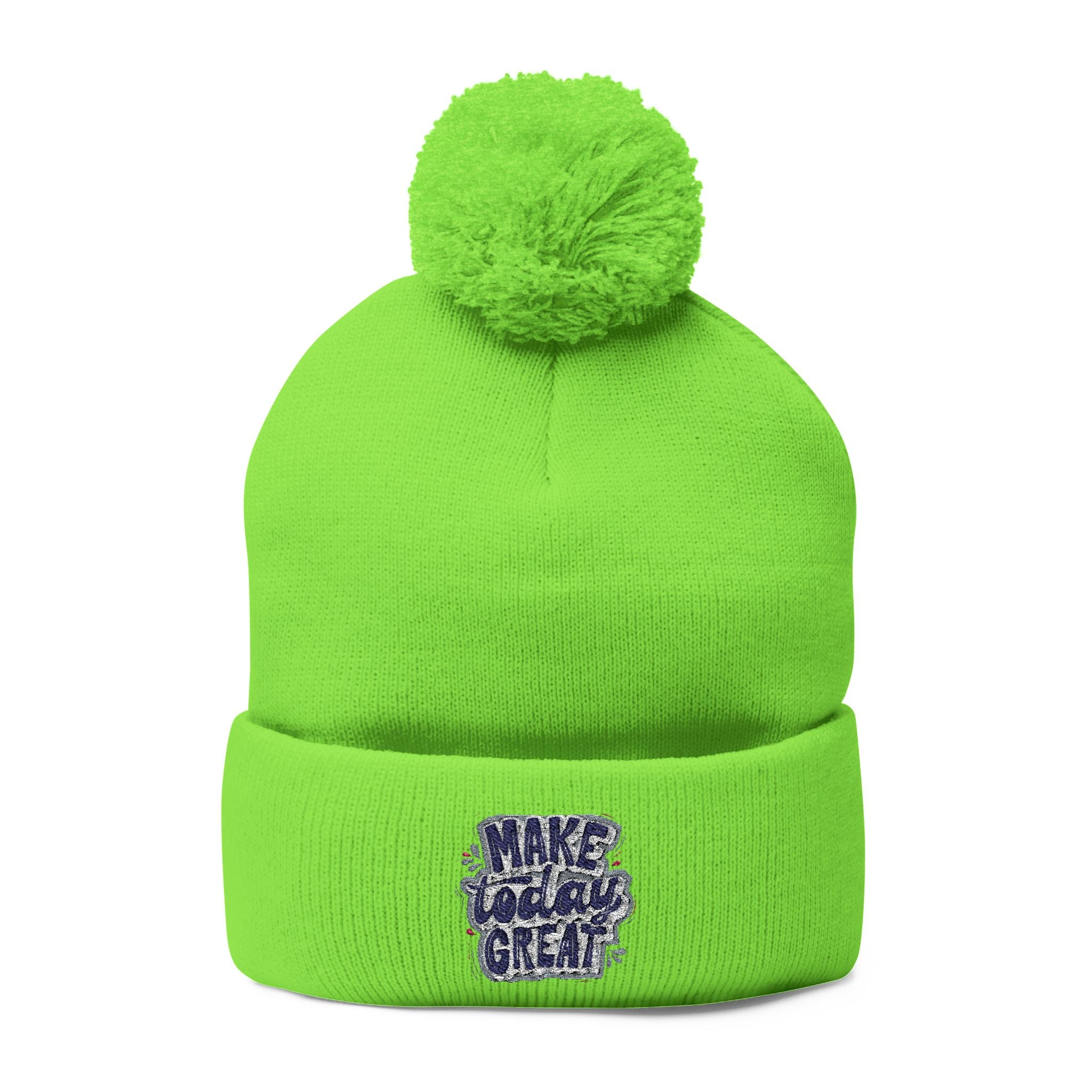 Embroidered Pom-Pom Knit Beanie – “Make Today Great” Cozy Winter Hat