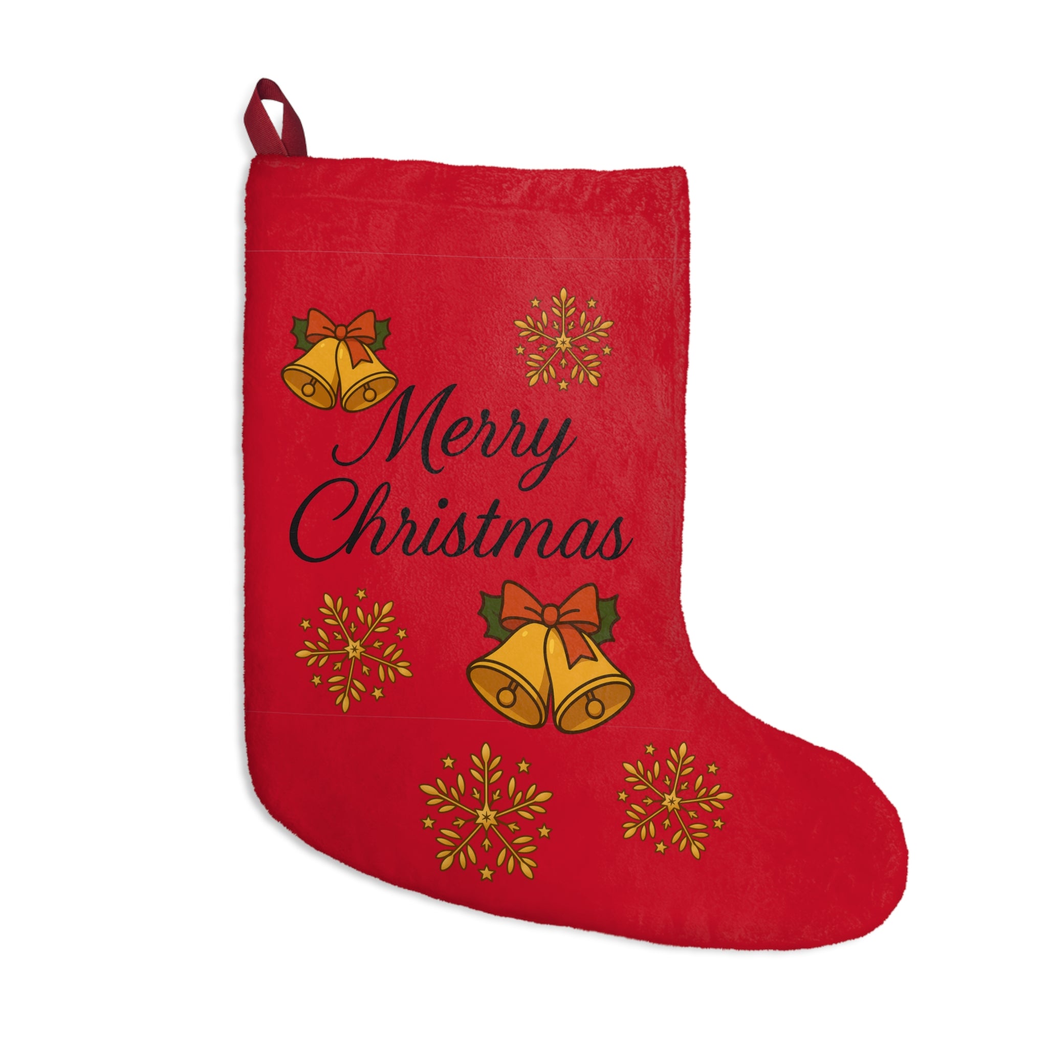 Merry Christmas Red Velvet Stocking with Bells & Snowflakes