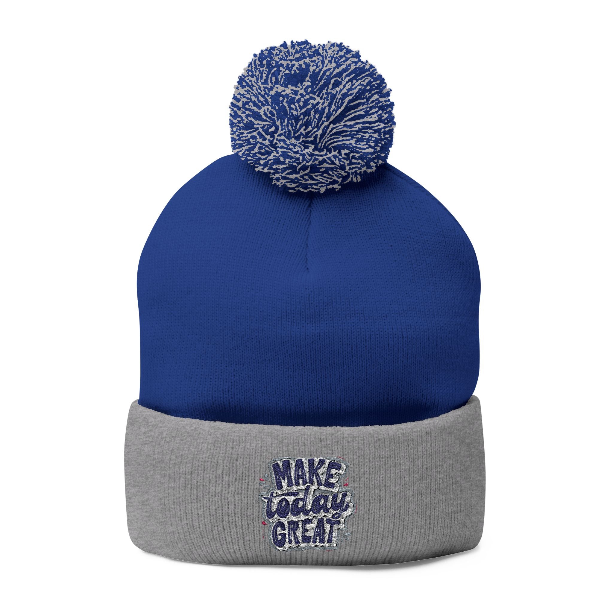 Embroidered Pom-Pom Knit Beanie – “Make Today Great” Cozy Winter Hat
