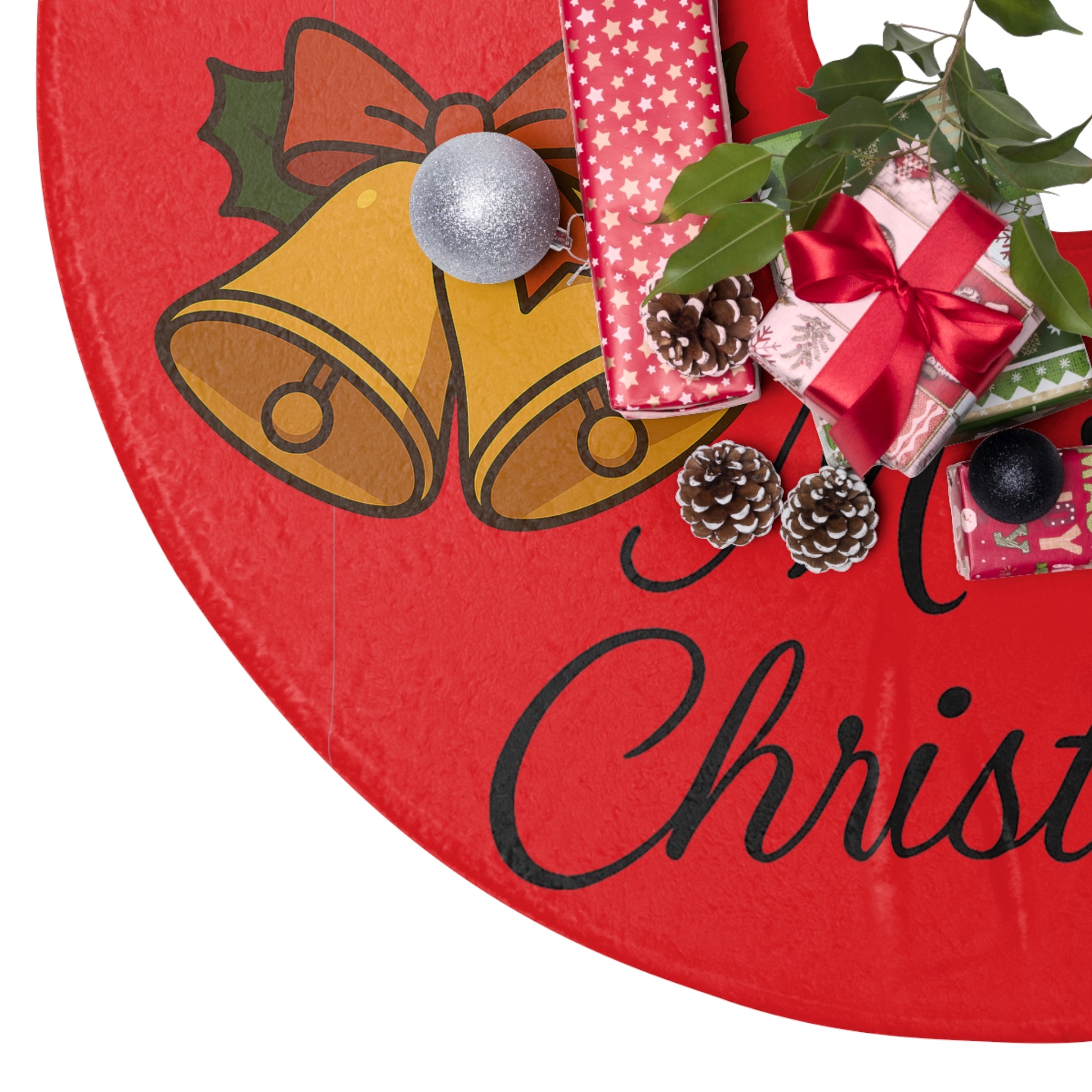 Christmas Tree Skirt — Red 'Merry Christmas' Bells Holiday Tree Skirt