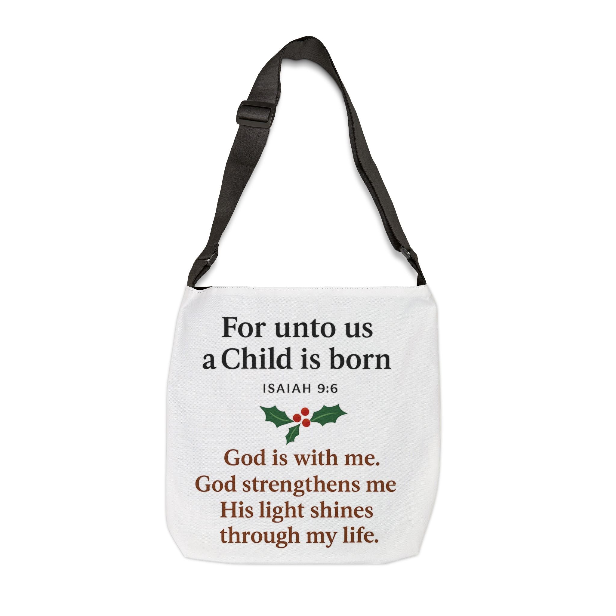 Christmas Scripture Tote Bag — “For unto us a Child is born” Isaiah 9:6 Adjustable Tote