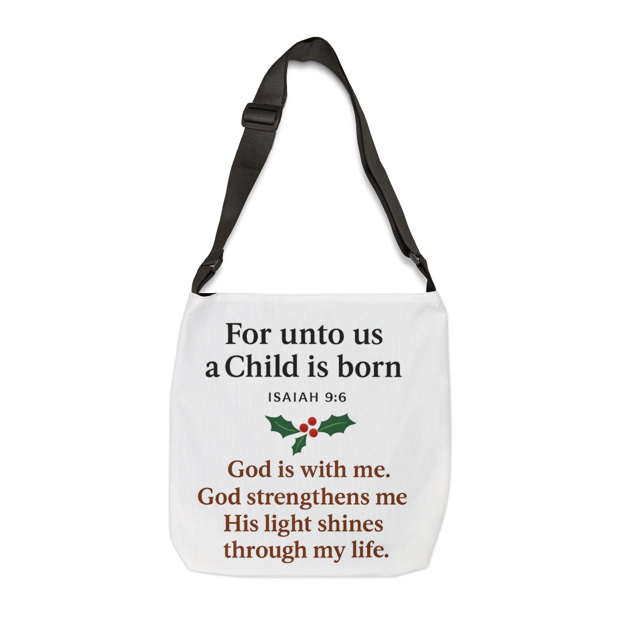 Christmas Scripture Tote Bag — “For unto us a Child is born” Isaiah 9:6 Adjustable Tote