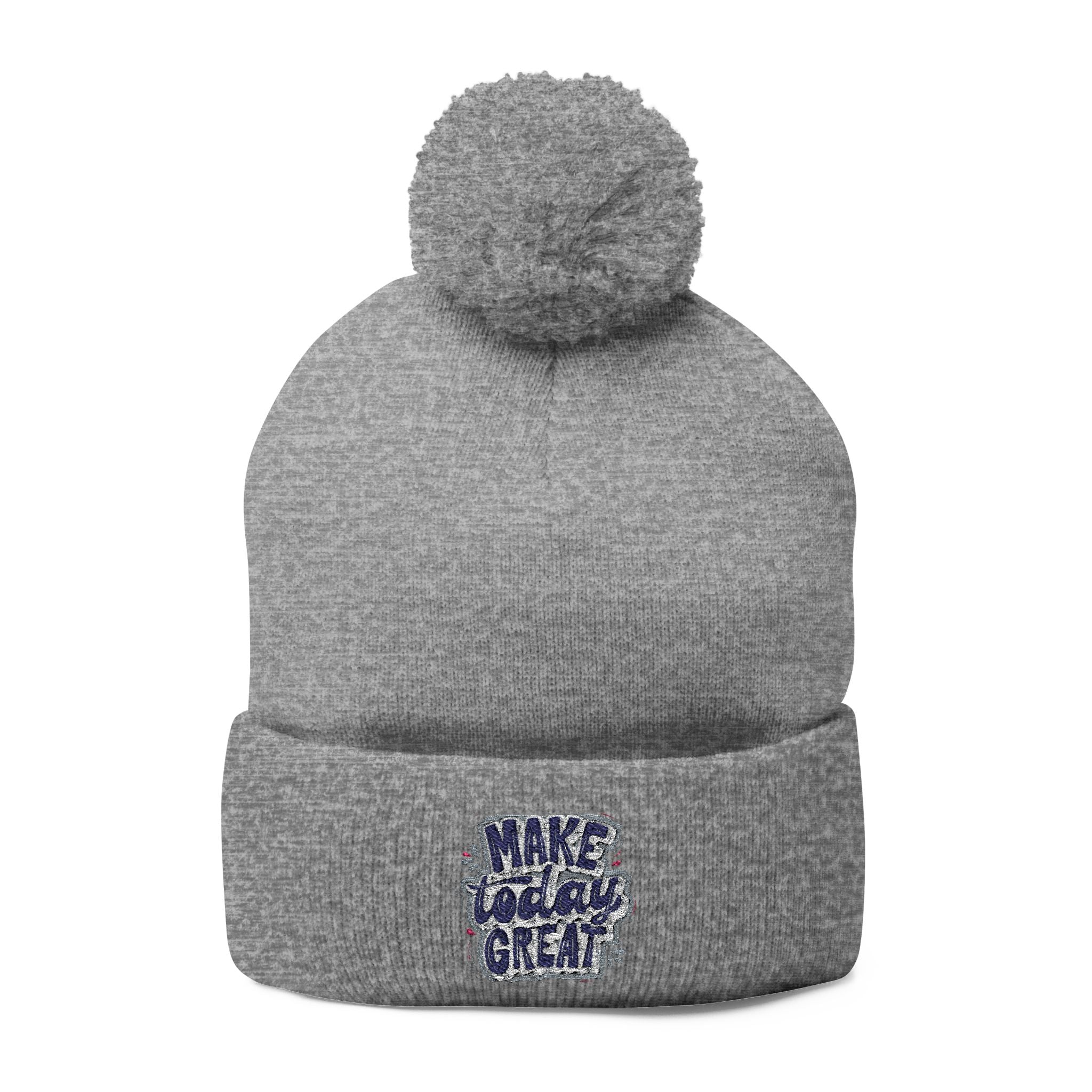 Embroidered Pom-Pom Knit Beanie – “Make Today Great” Cozy Winter Hat
