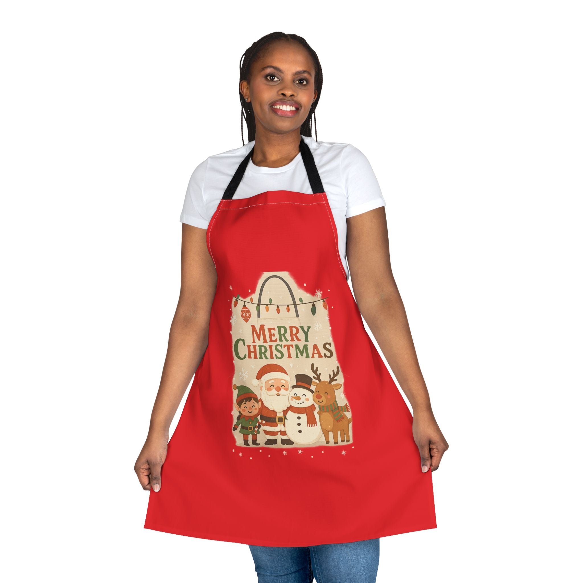 Christmas Apron – Merry Christmas Santa, Elf & Reindeer Holiday Kitchen Apron