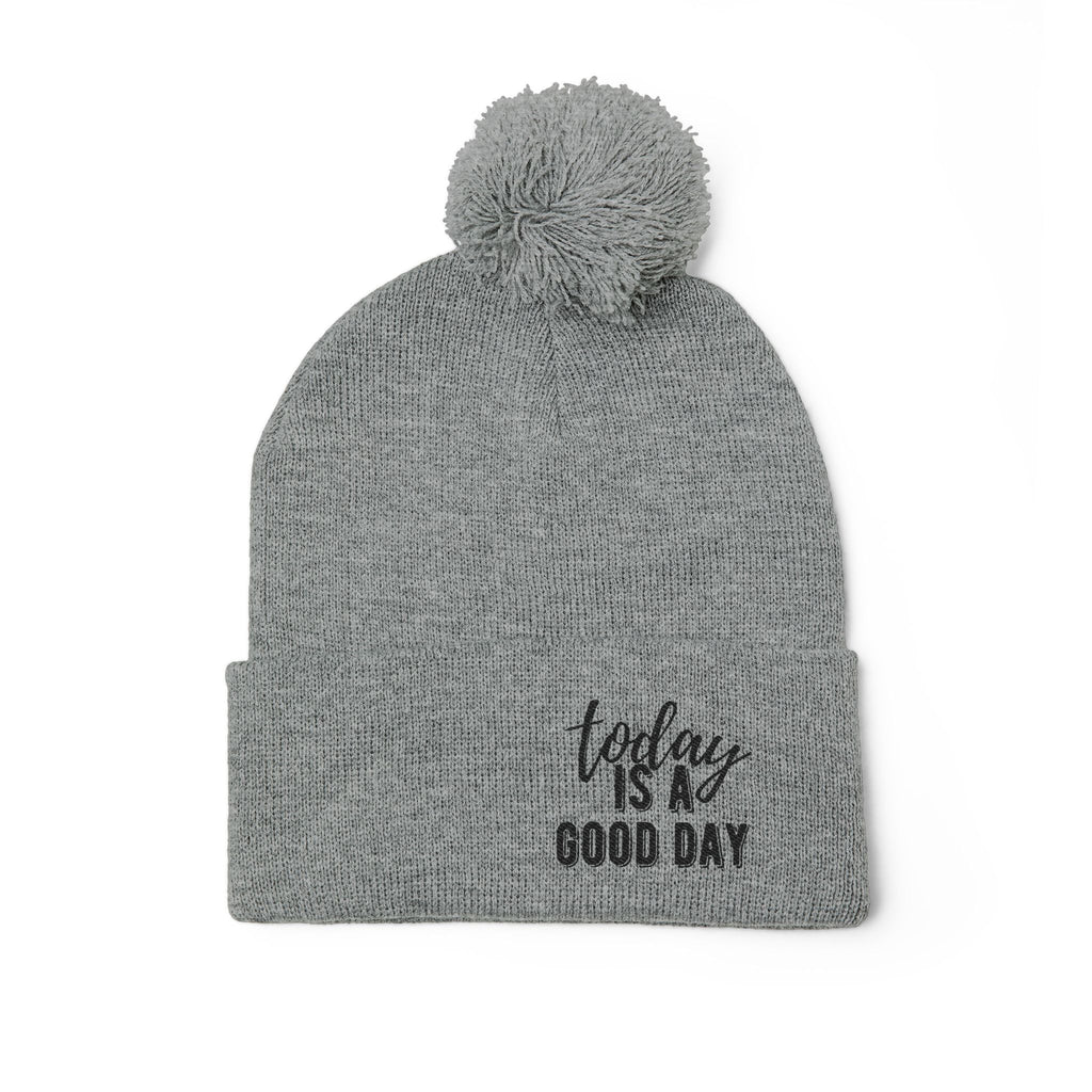 Embroidered Pom-Pom Knit Cap – “Today Is A Good Day” Cozy Winter Beanie
