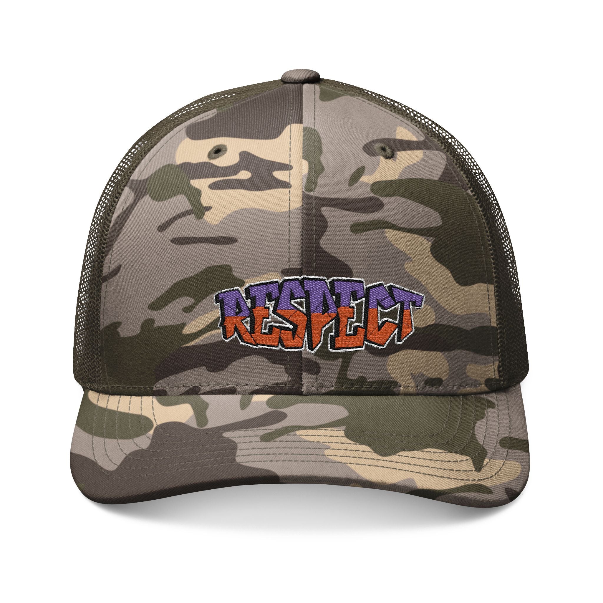 Camouflage Trucker Hat — Embroidered "Respect" Streetwear Cap