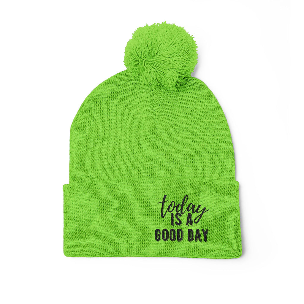 Embroidered Pom-Pom Knit Cap – “Today Is A Good Day” Cozy Winter Beanie
