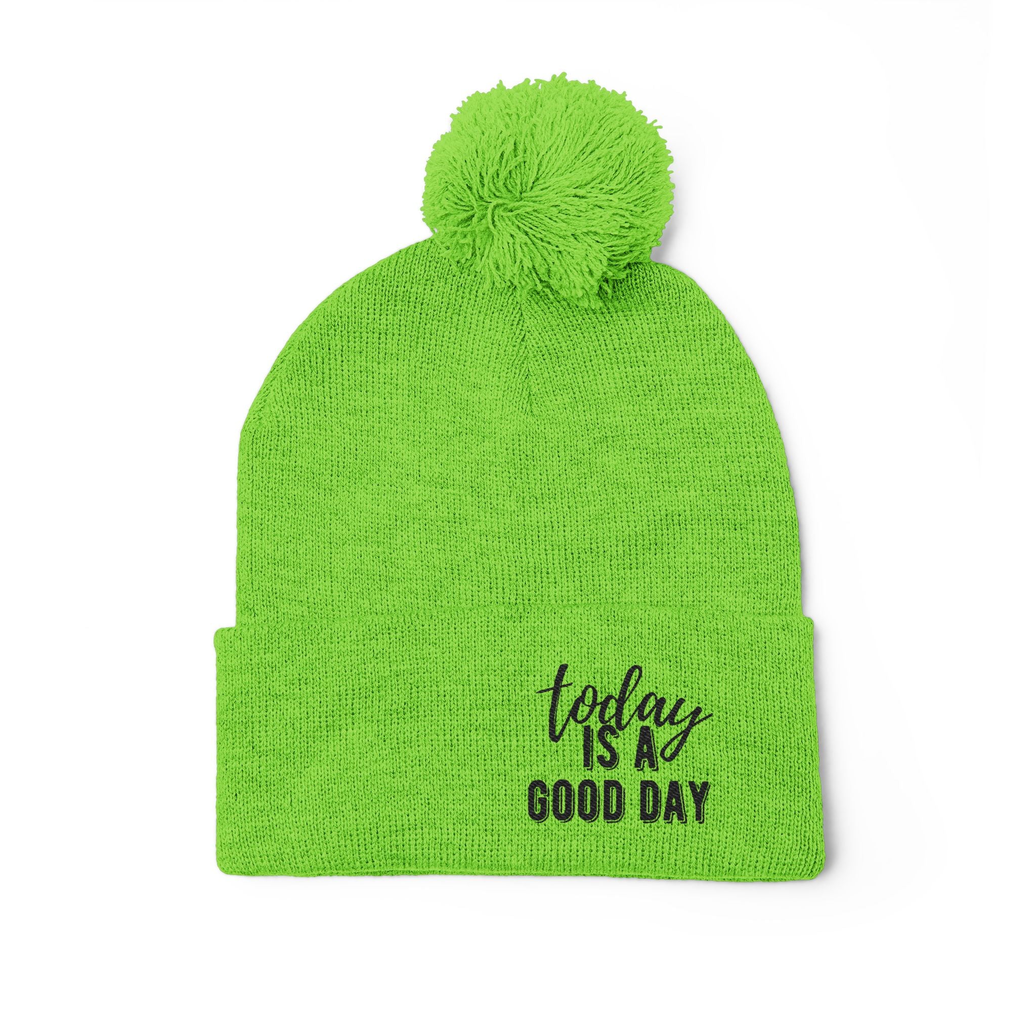 Embroidered Pom-Pom Knit Cap – “Today Is A Good Day” Cozy Winter Beanie