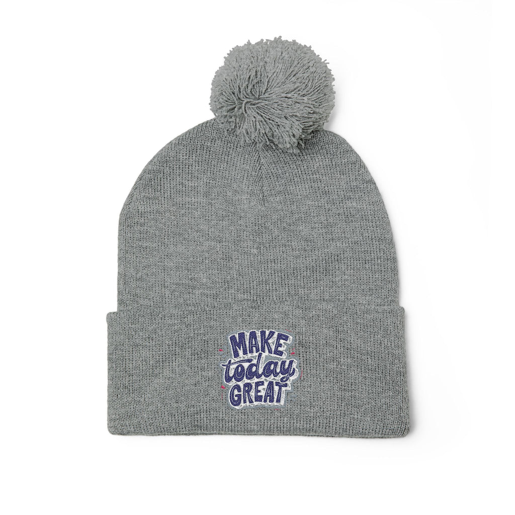 Embroidered Pom-Pom Knit Beanie – “Make Today Great” Cozy Winter Hat