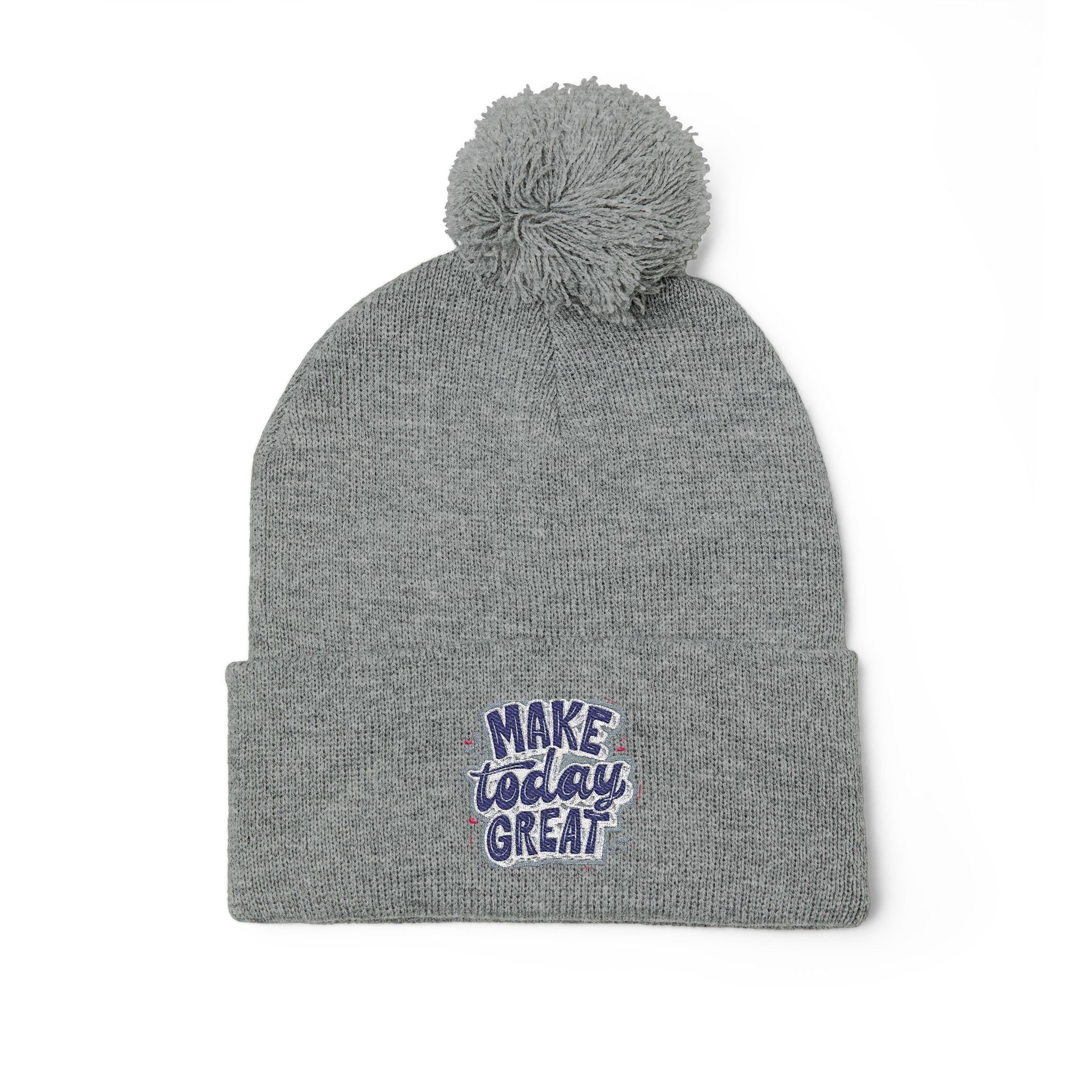Embroidered Pom-Pom Knit Beanie – “Make Today Great” Cozy Winter Hat