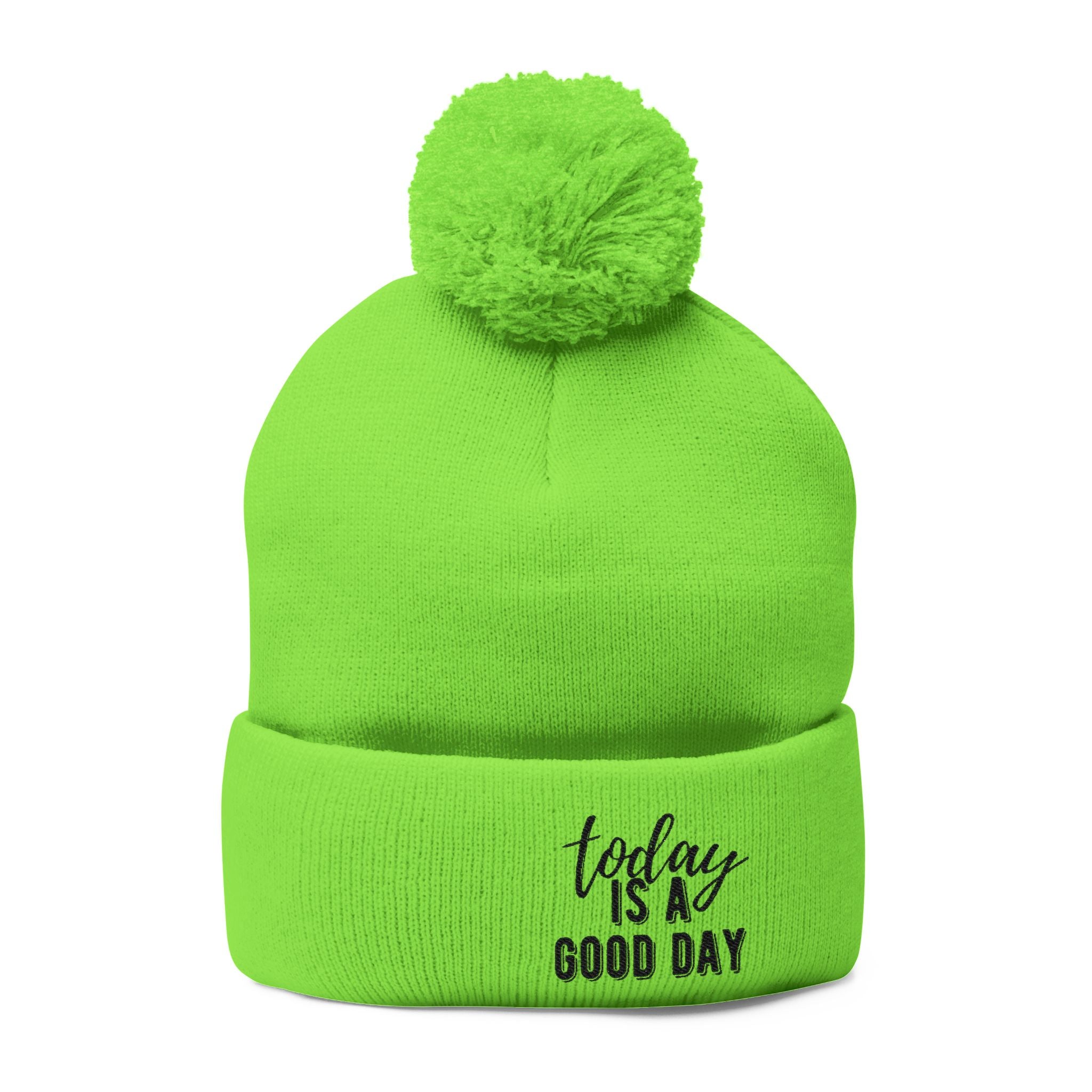 Embroidered Pom-Pom Knit Cap – “Today Is A Good Day” Cozy Winter Beanie