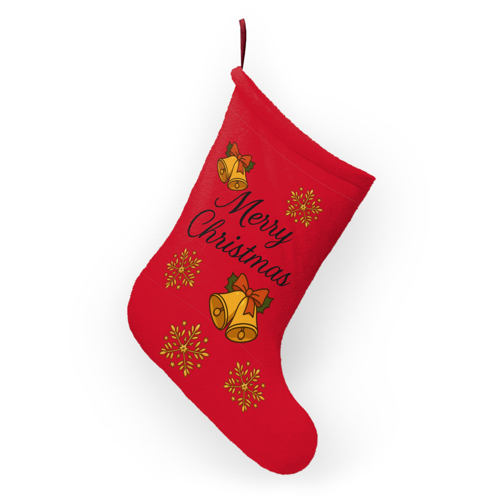 Merry Christmas Red Velvet Stocking with Bells & Snowflakes