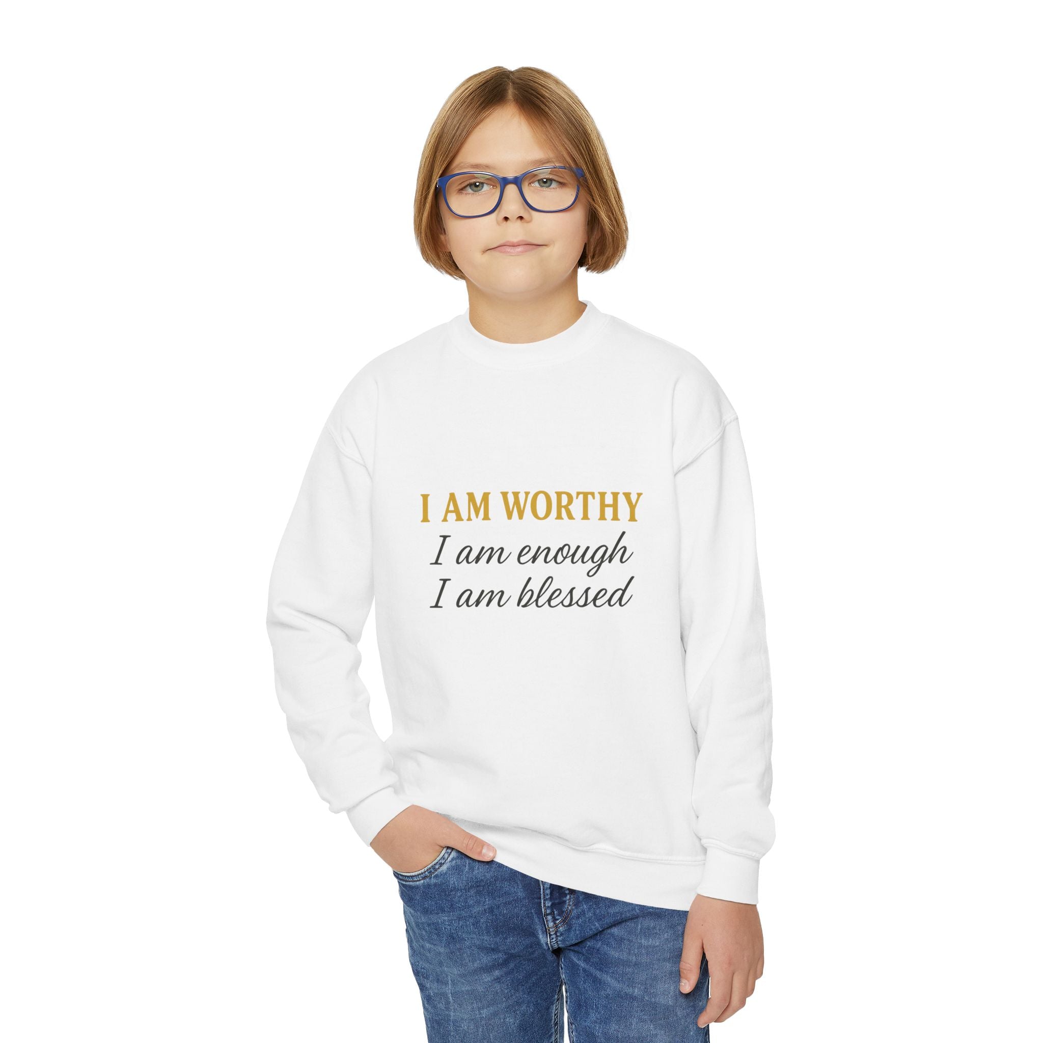 Youth Crewneck Sweatshirt - "I Am Worthy, I Am Enough, I Am Blessed" Inspirational Affirmation