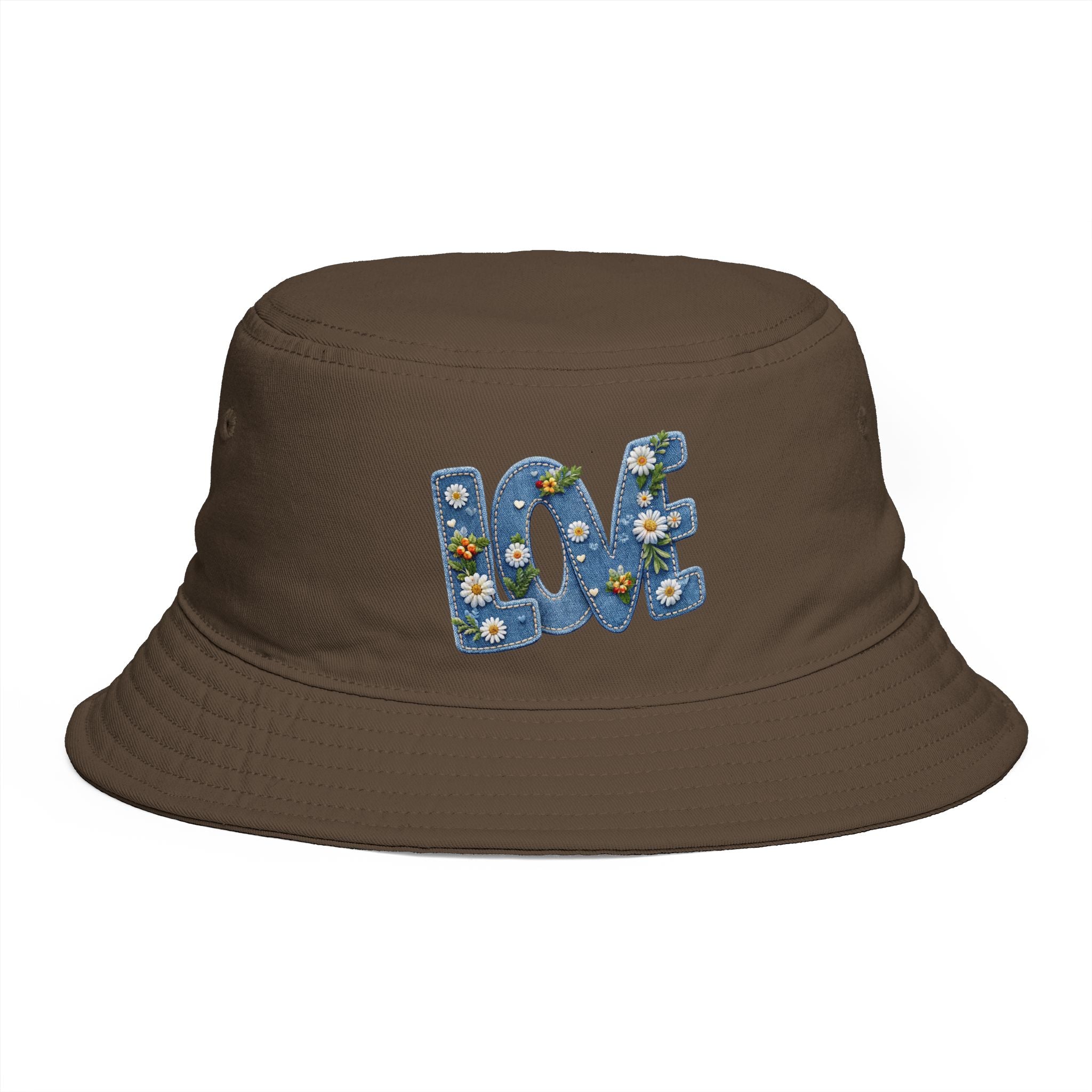 LOVE Daisy Bucket Hat — Floral Embroidered Brown Sun Hat