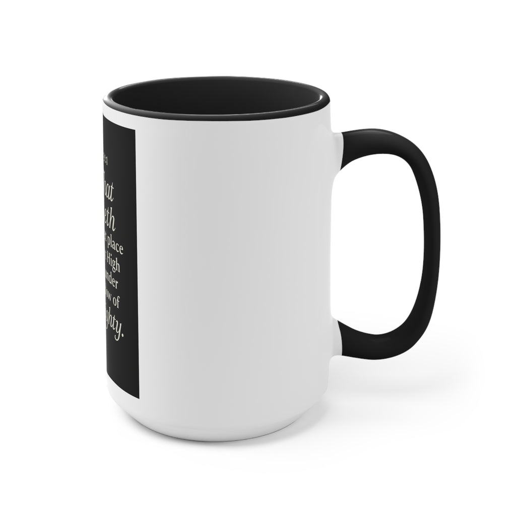 Psalm 91:1 Accent Mug — He That Dwelleth Inspirational Pink-Trim Coffee Cup
