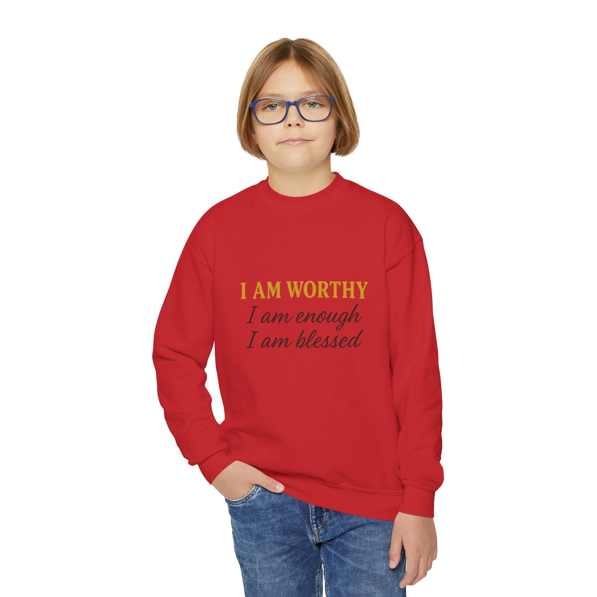 Youth Crewneck Sweatshirt - "I Am Worthy, I Am Enough, I Am Blessed" Inspirational Affirmation