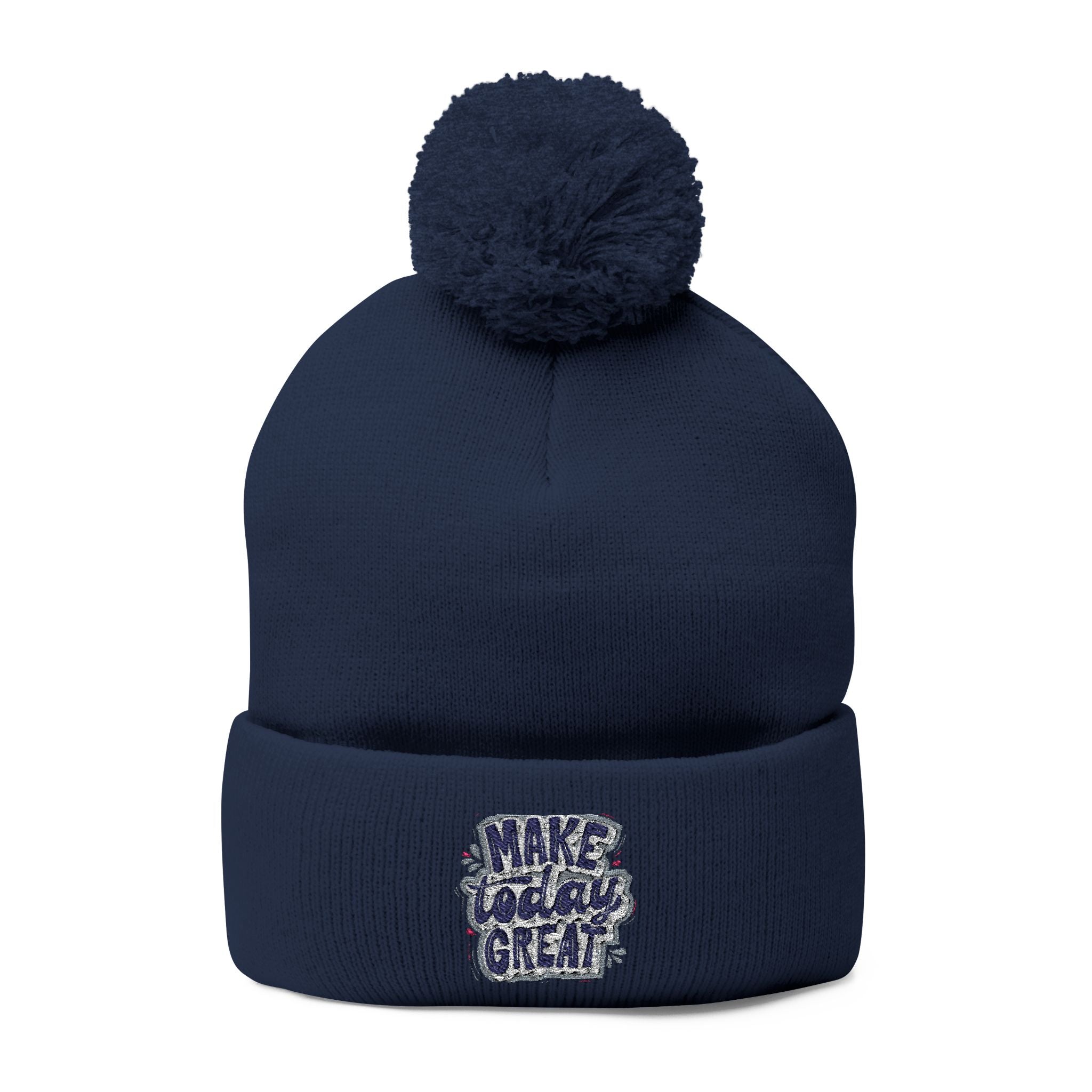 Embroidered Pom-Pom Knit Beanie – “Make Today Great” Cozy Winter Hat