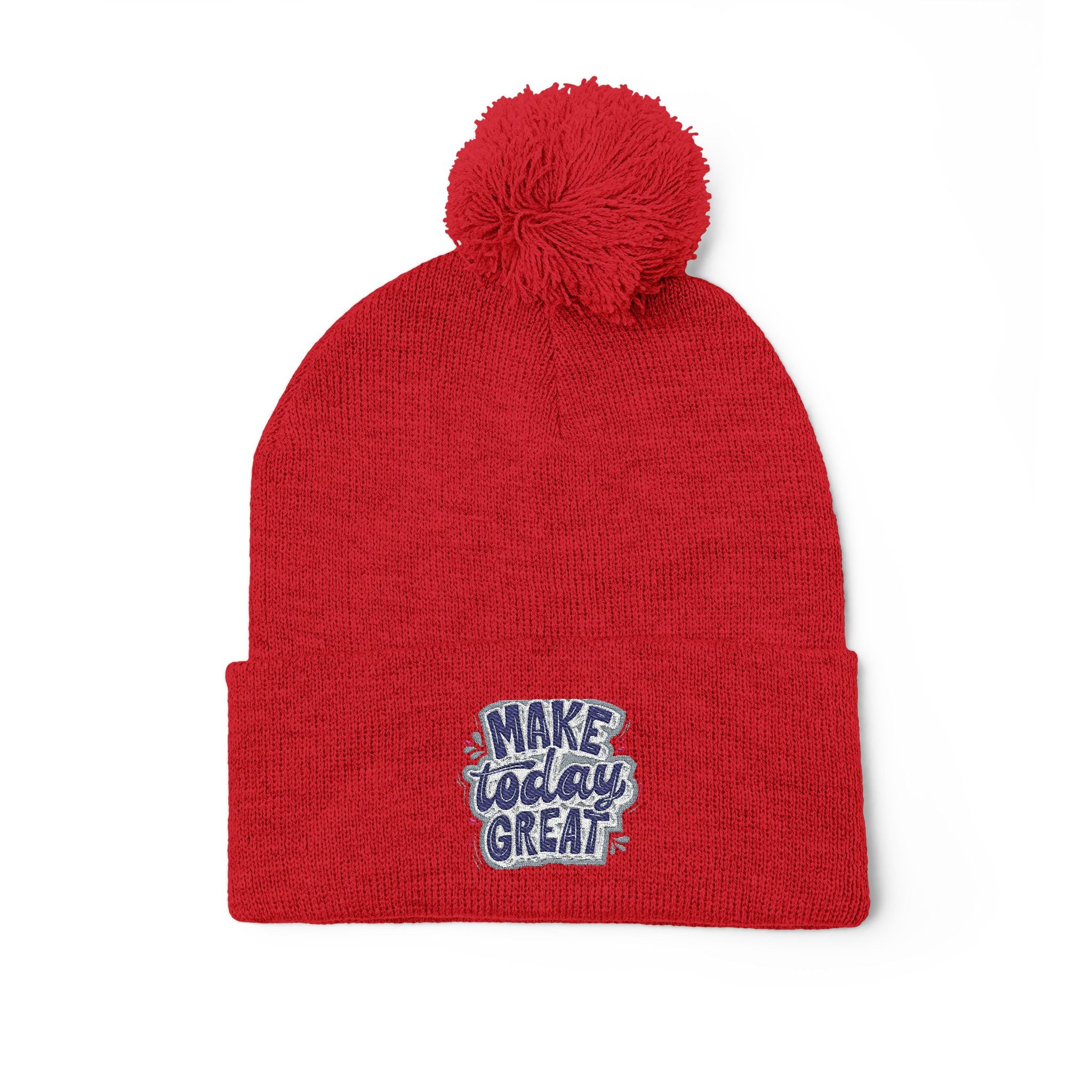 Embroidered Pom-Pom Knit Beanie – “Make Today Great” Cozy Winter Hat