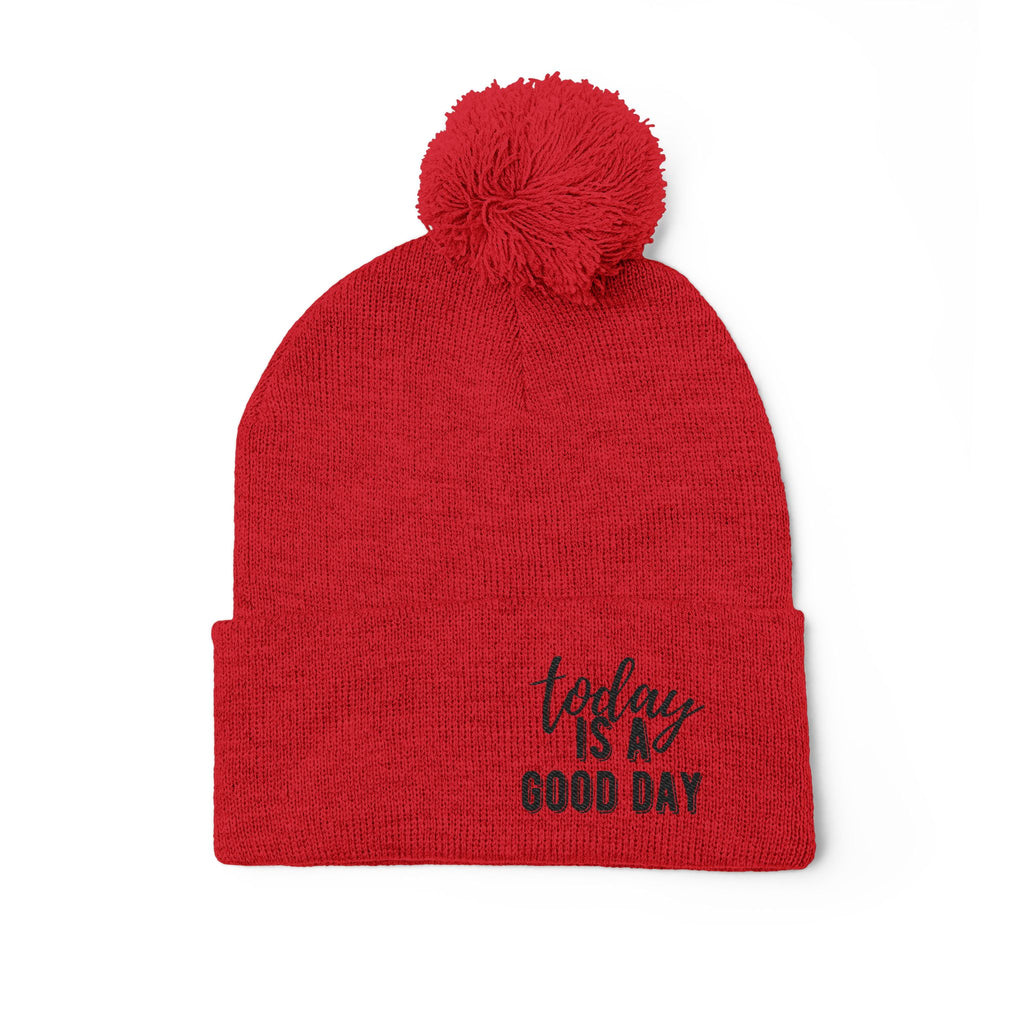 Embroidered Pom-Pom Knit Cap – “Today Is A Good Day” Cozy Winter Beanie