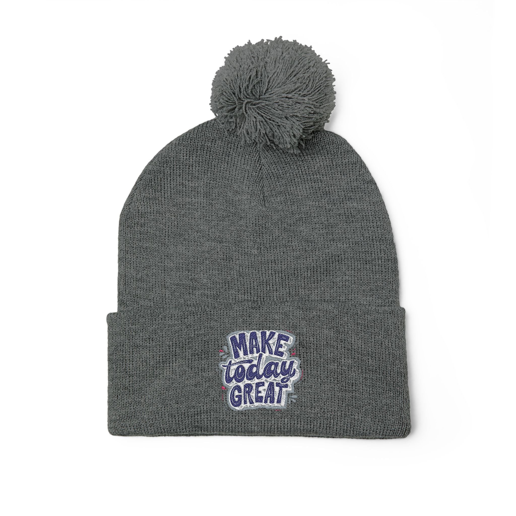 Embroidered Pom-Pom Knit Beanie – “Make Today Great” Cozy Winter Hat