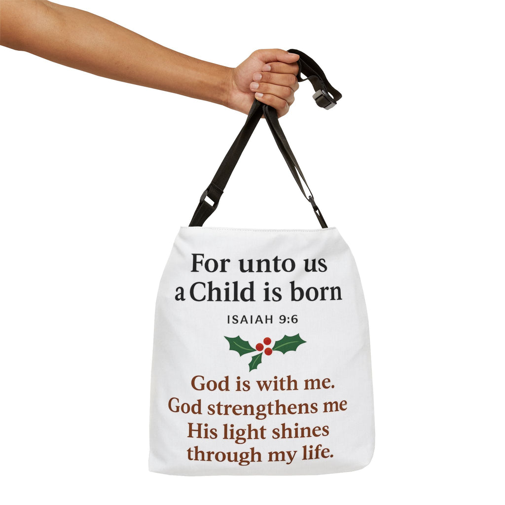 Christmas Scripture Tote Bag — “For unto us a Child is born” Isaiah 9:6 Adjustable Tote