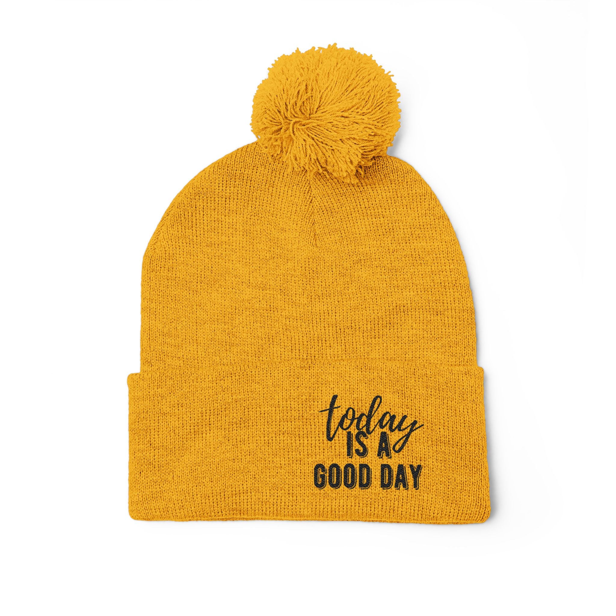 Embroidered Pom-Pom Knit Cap – “Today Is A Good Day” Cozy Winter Beanie