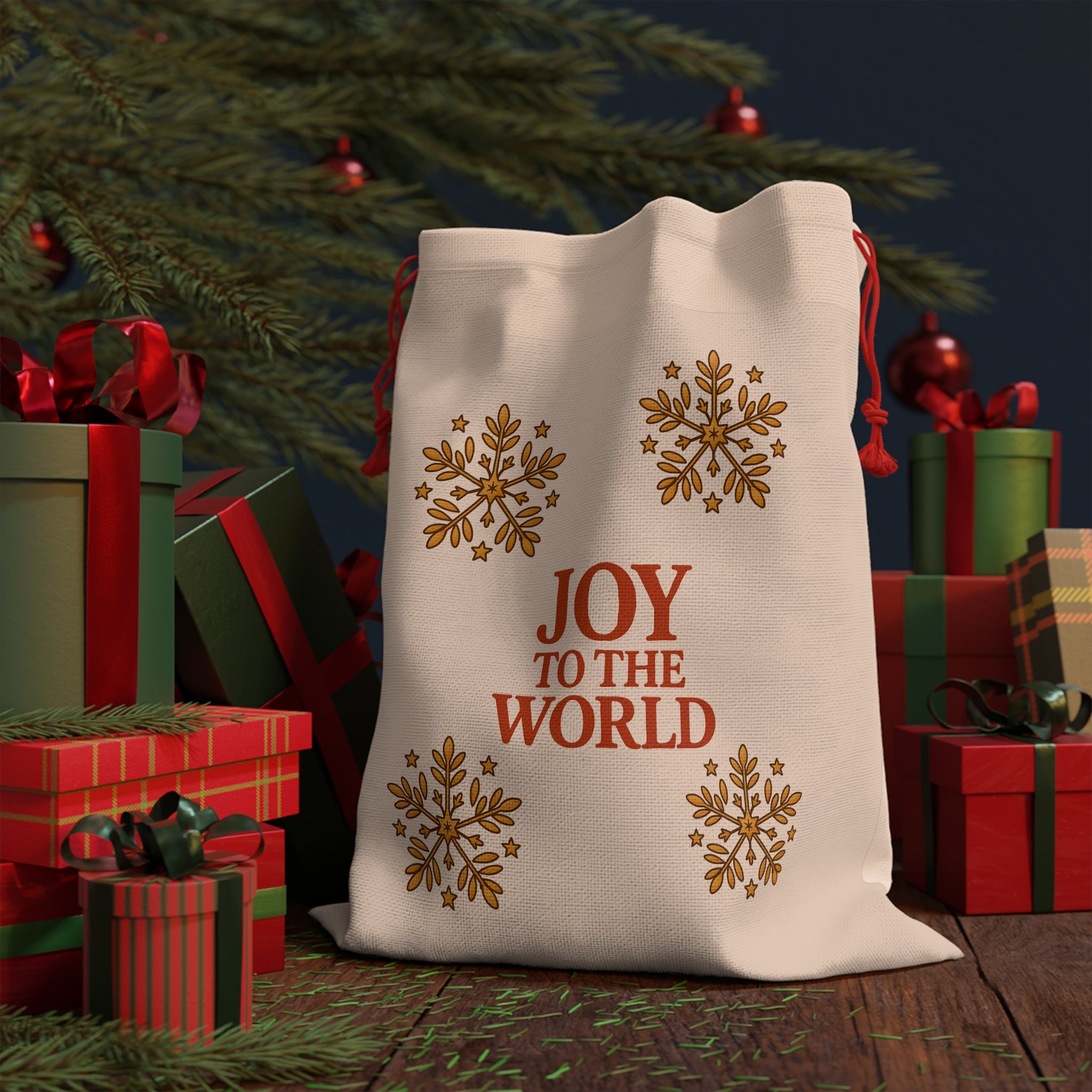 Holiday Drawstring Gift Bag — "Joy to the World" Red & Gold Christmas Pouch