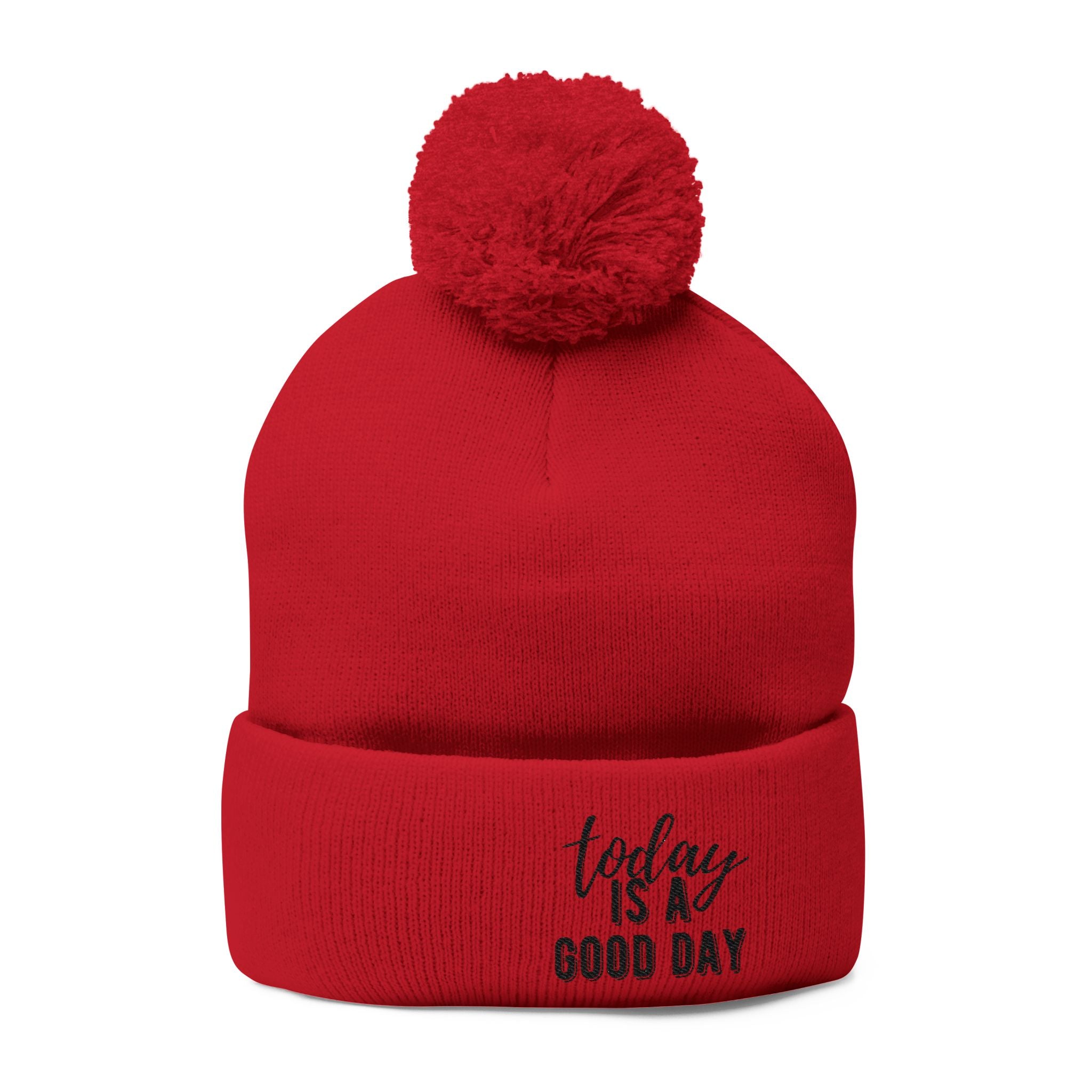 Embroidered Pom-Pom Knit Cap – “Today Is A Good Day” Cozy Winter Beanie