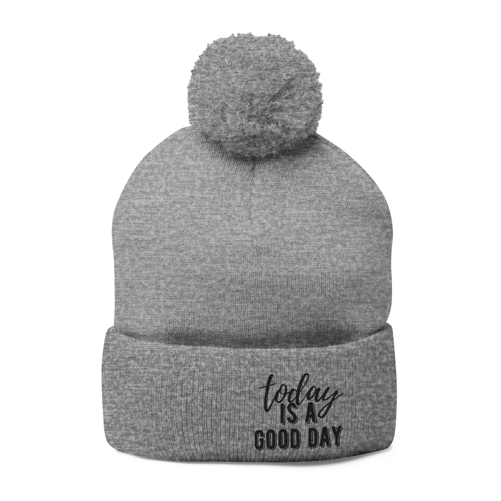 Embroidered Pom-Pom Knit Cap – “Today Is A Good Day” Cozy Winter Beanie