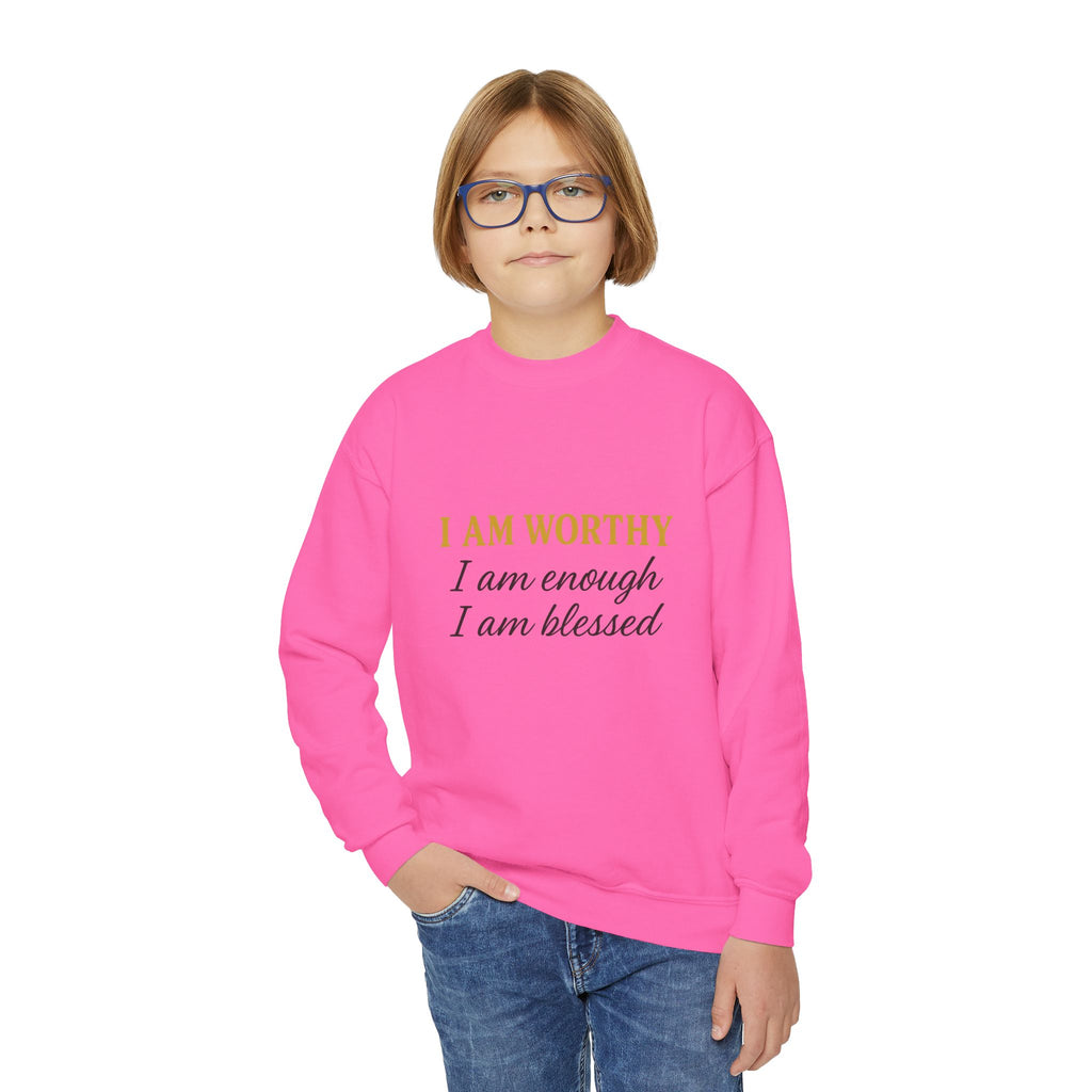 Youth Crewneck Sweatshirt - "I Am Worthy, I Am Enough, I Am Blessed" Inspirational Affirmation