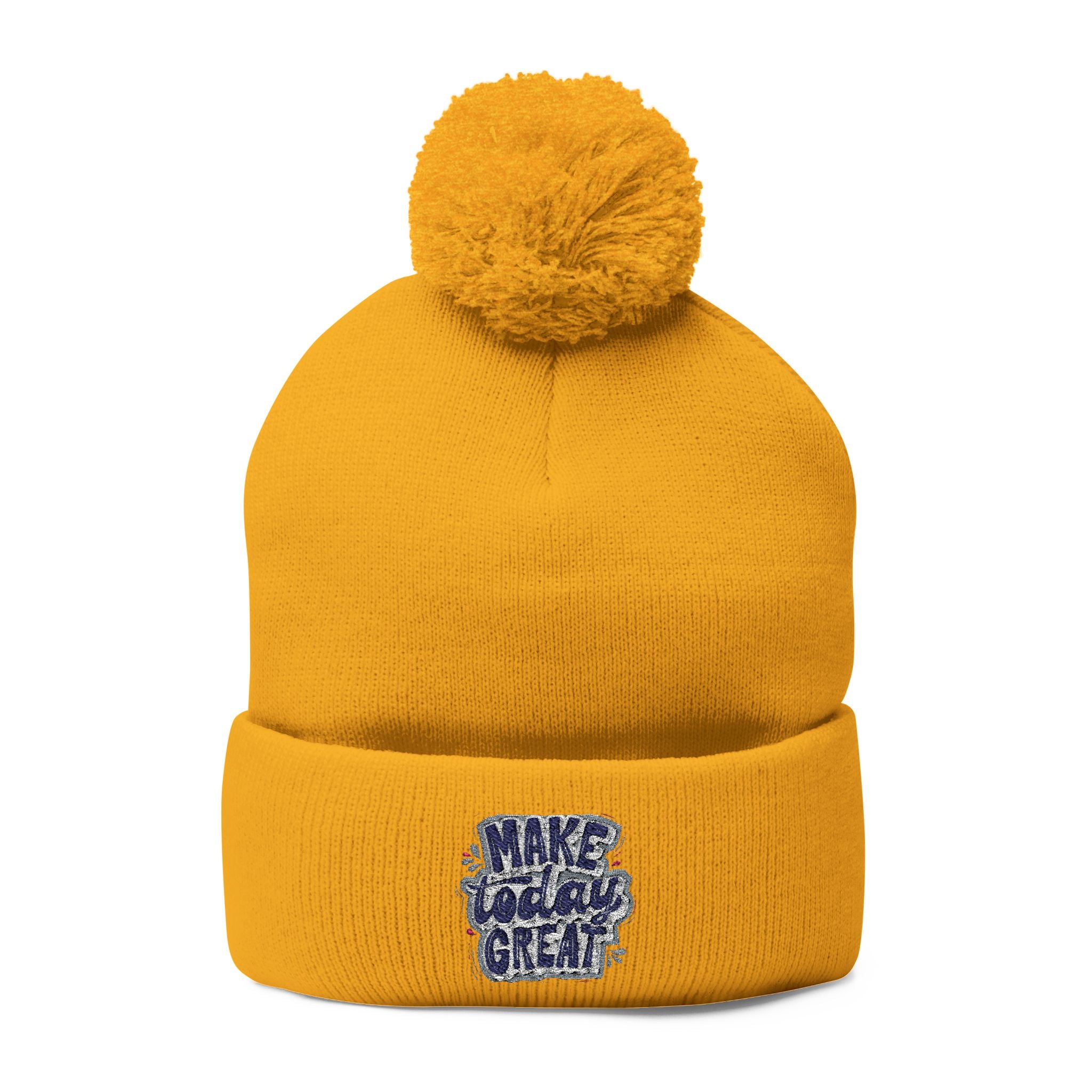 Embroidered Pom-Pom Knit Beanie – “Make Today Great” Cozy Winter Hat