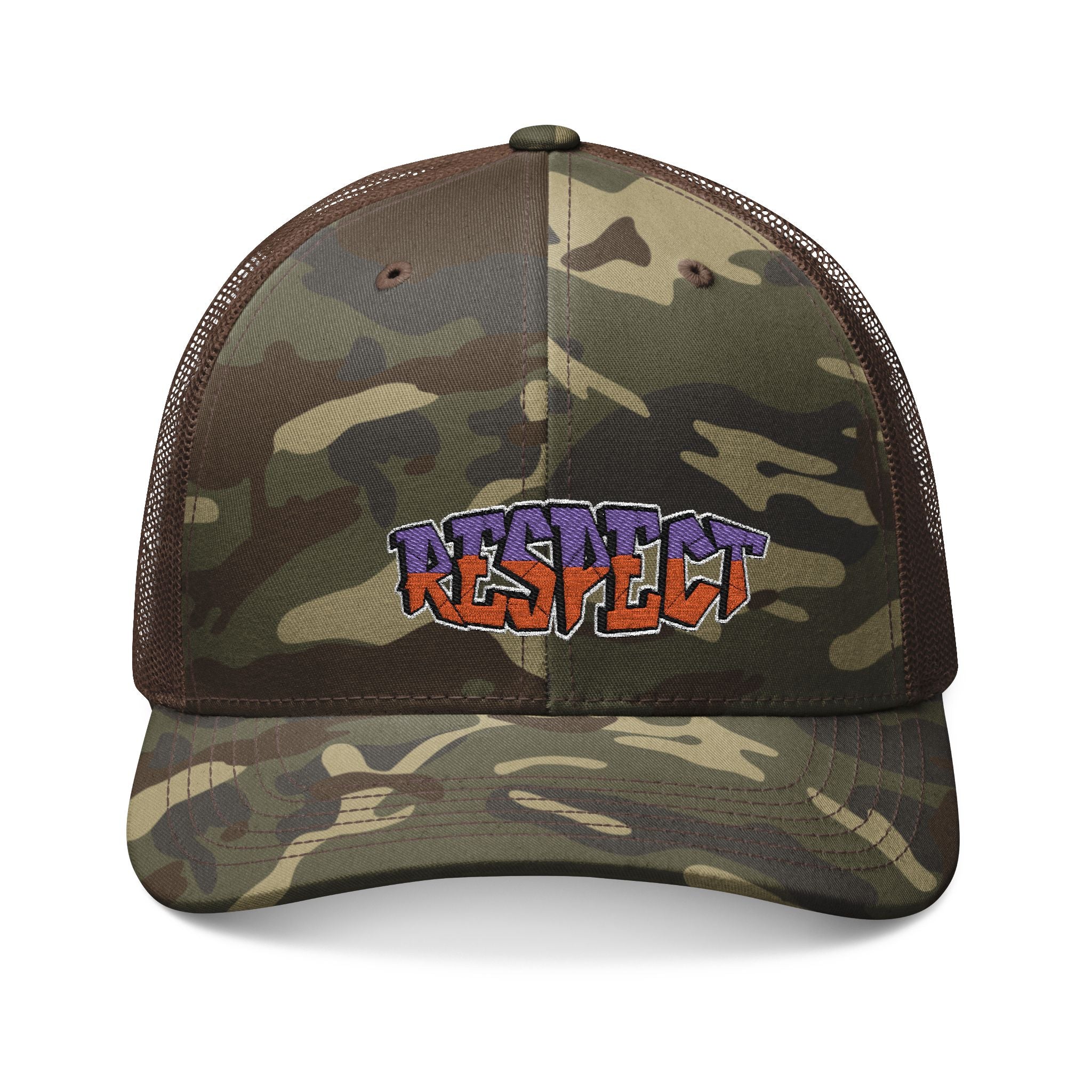 Camouflage Trucker Hat — Embroidered "Respect" Streetwear Cap
