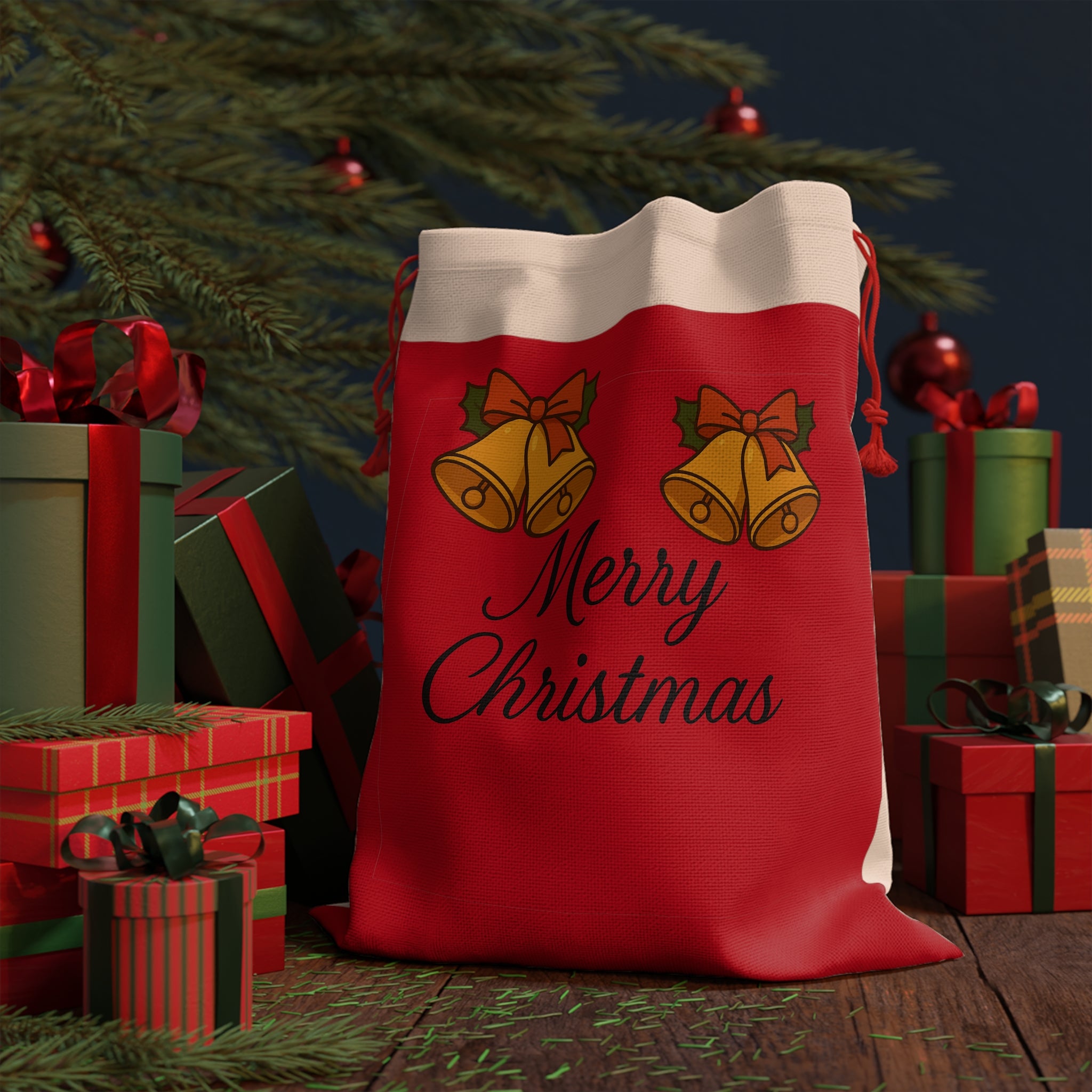 Christmas Gift Bag — Red 'Merry Christmas' Bells Drawstring Pouch