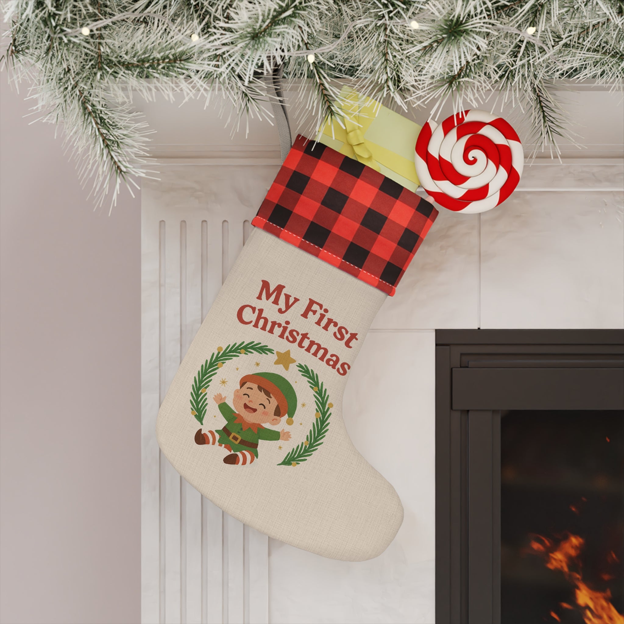 My First Christmas Baby Stocking — Buffalo Plaid Cuff Holiday Stocking