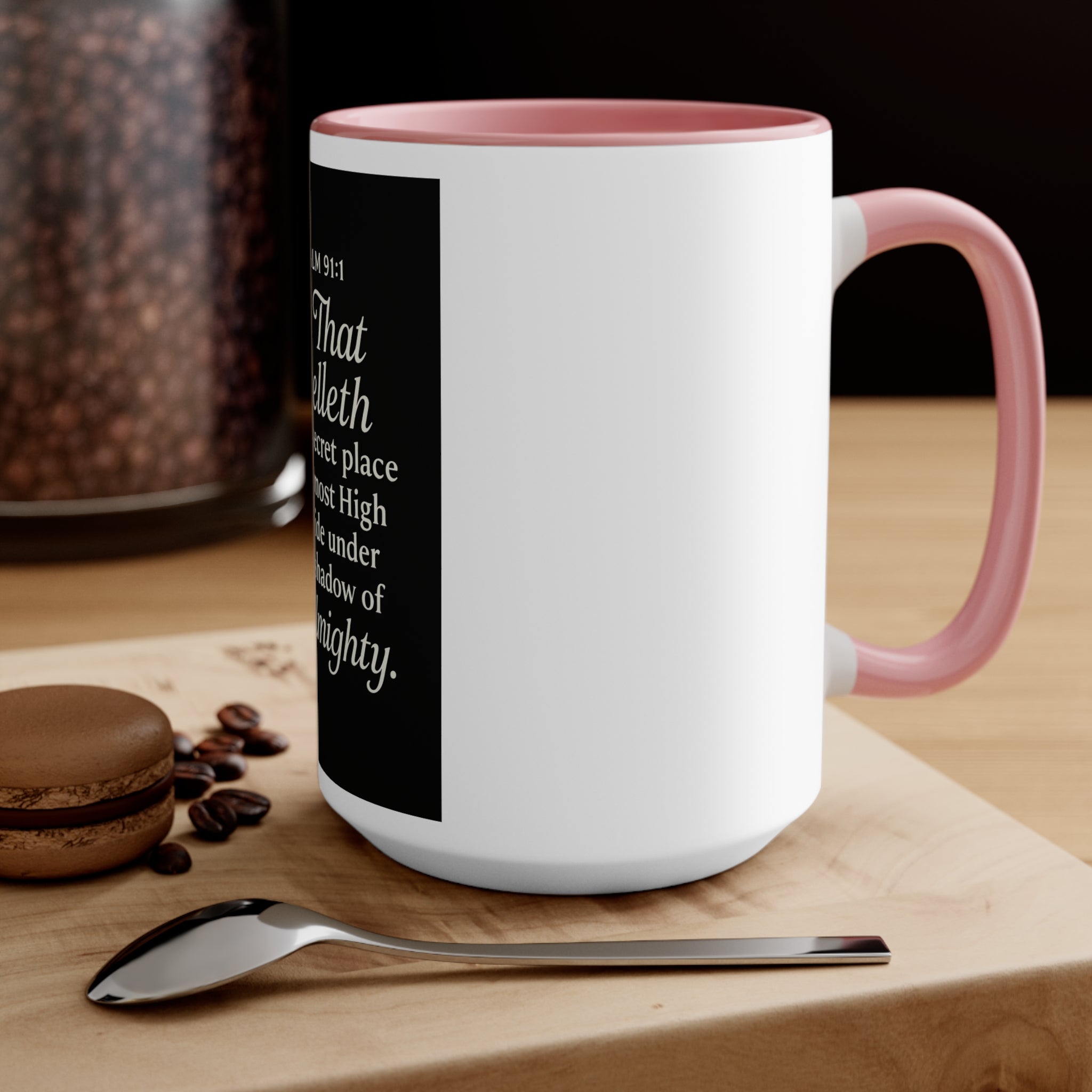 Psalm 91:1 Accent Mug — He That Dwelleth Inspirational Pink-Trim Coffee Cup