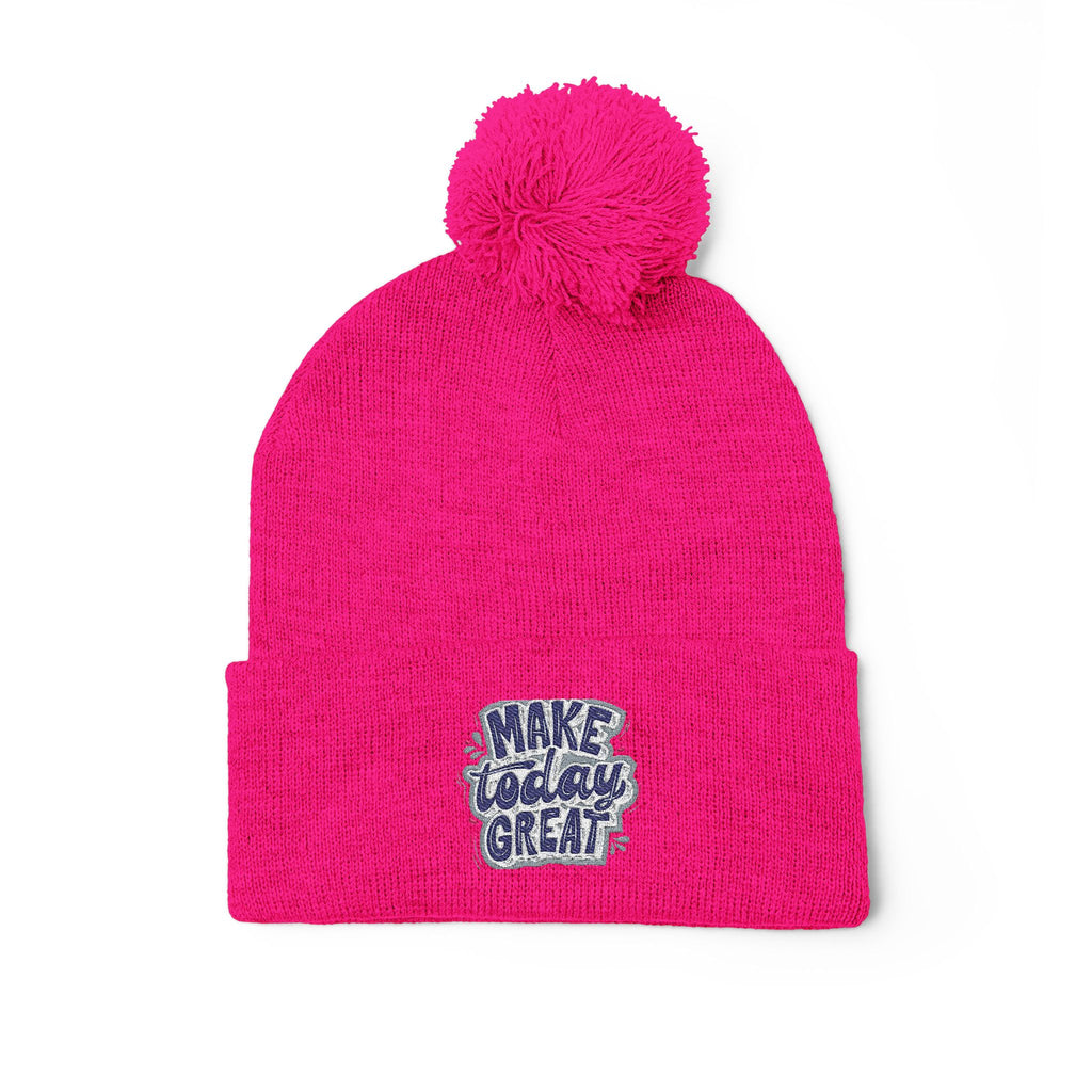 Embroidered Pom-Pom Knit Beanie – “Make Today Great” Cozy Winter Hat