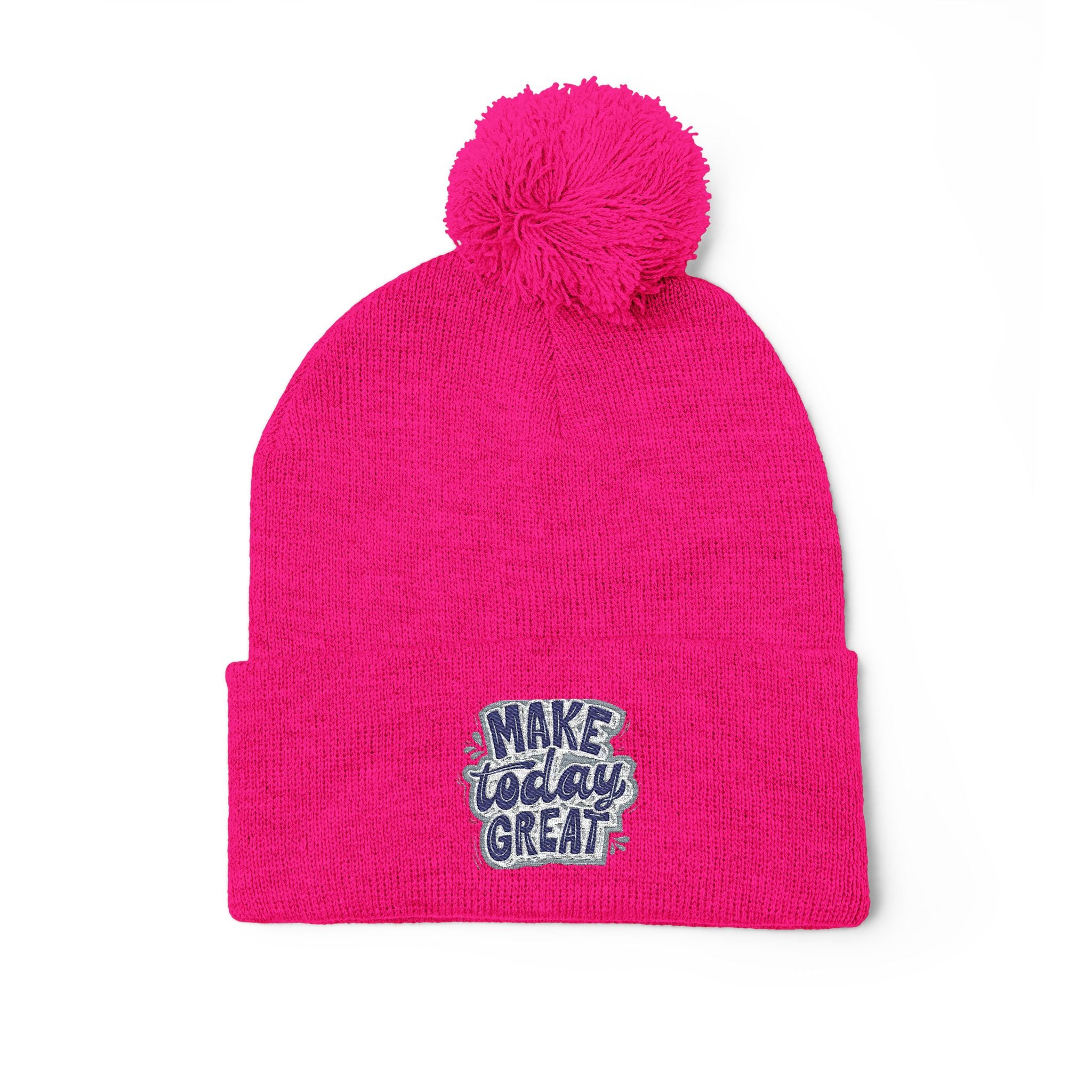Embroidered Pom-Pom Knit Beanie – “Make Today Great” Cozy Winter Hat