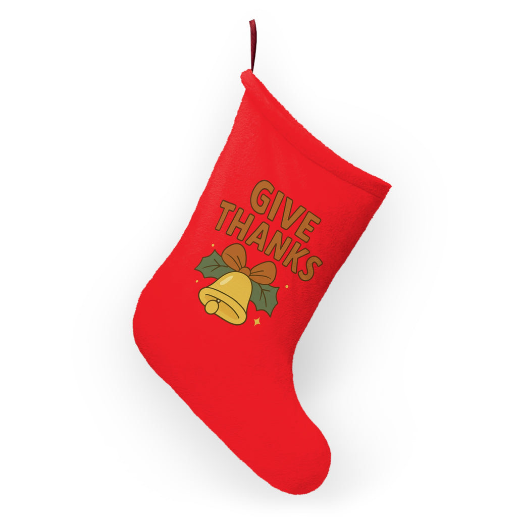Give Thanks Bell Christmas Stocking - Red Holiday Hanging Stocking